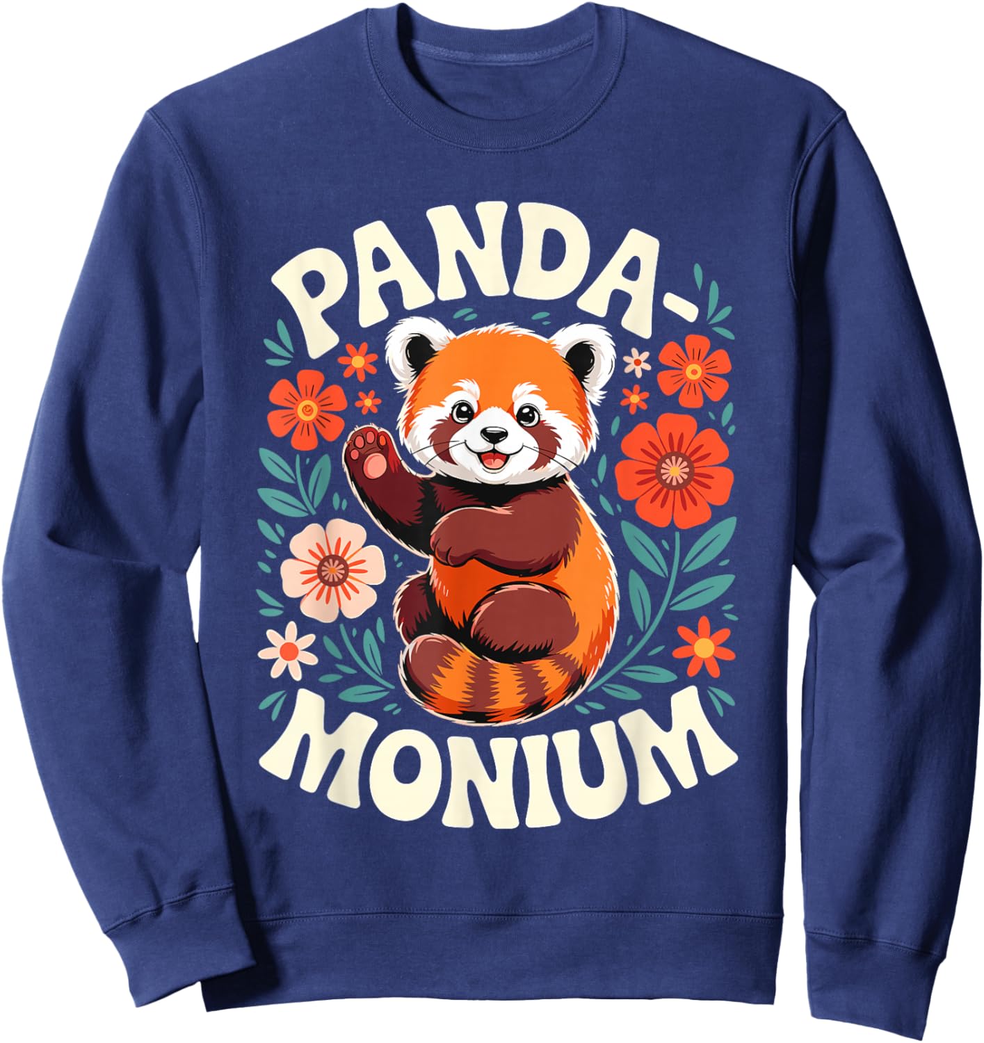Animal Puns Panda-Monium Cute Floral Red Panda Sweatshirt - Sweatshirt | Navy