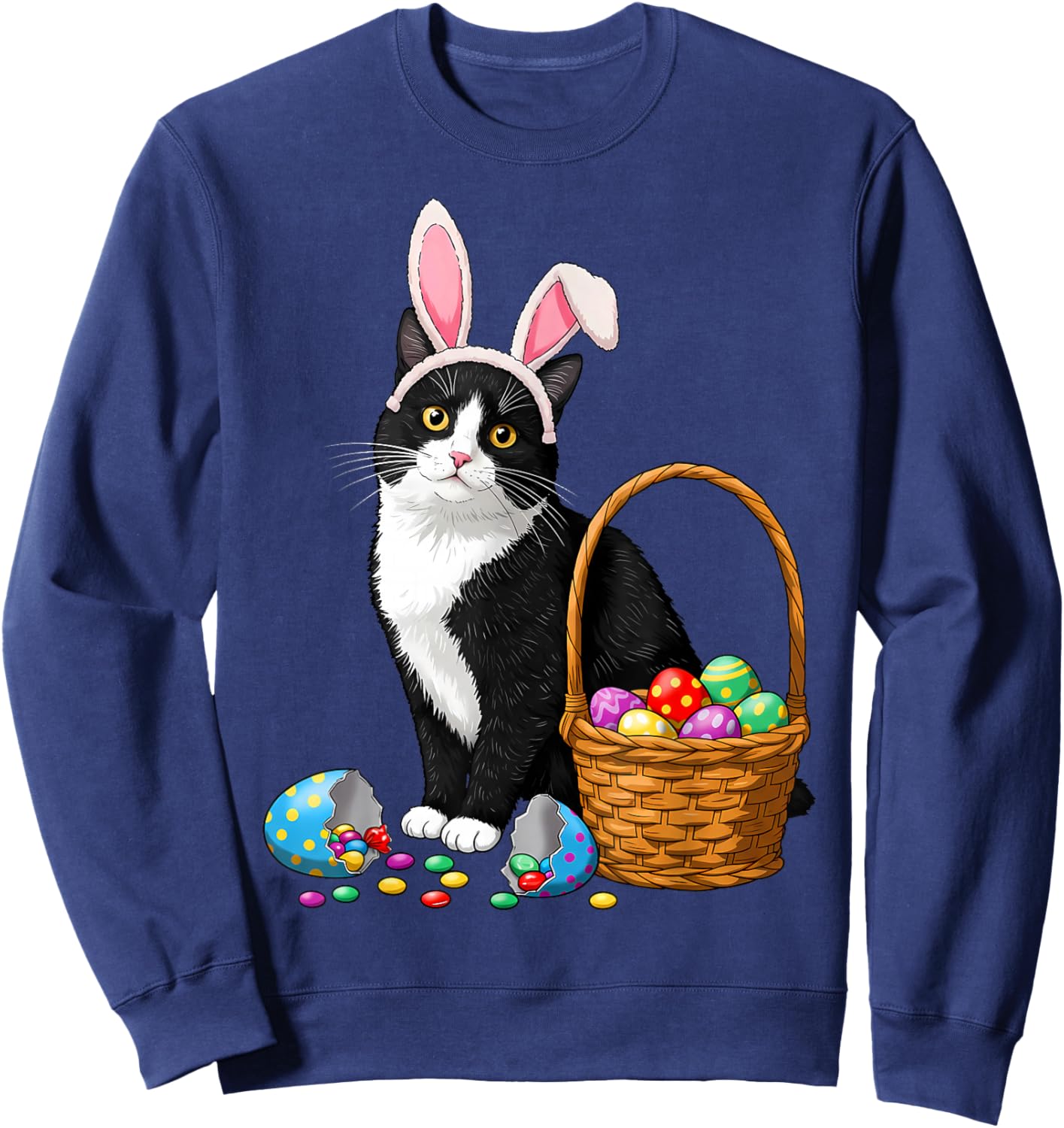 Easter Day Cat Bunny Ears Eggs Graphic Men Women Kids Funny Sweatshirt - Sweatshirt | Navy
