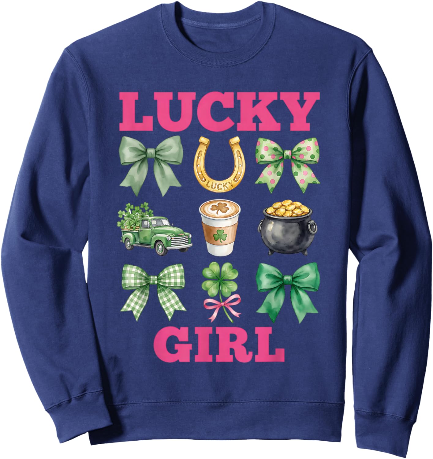 Lucky Girl Coquette Bows Pink Green St Patricks Day Women Sweatshirt - Sweatshirt | Navy