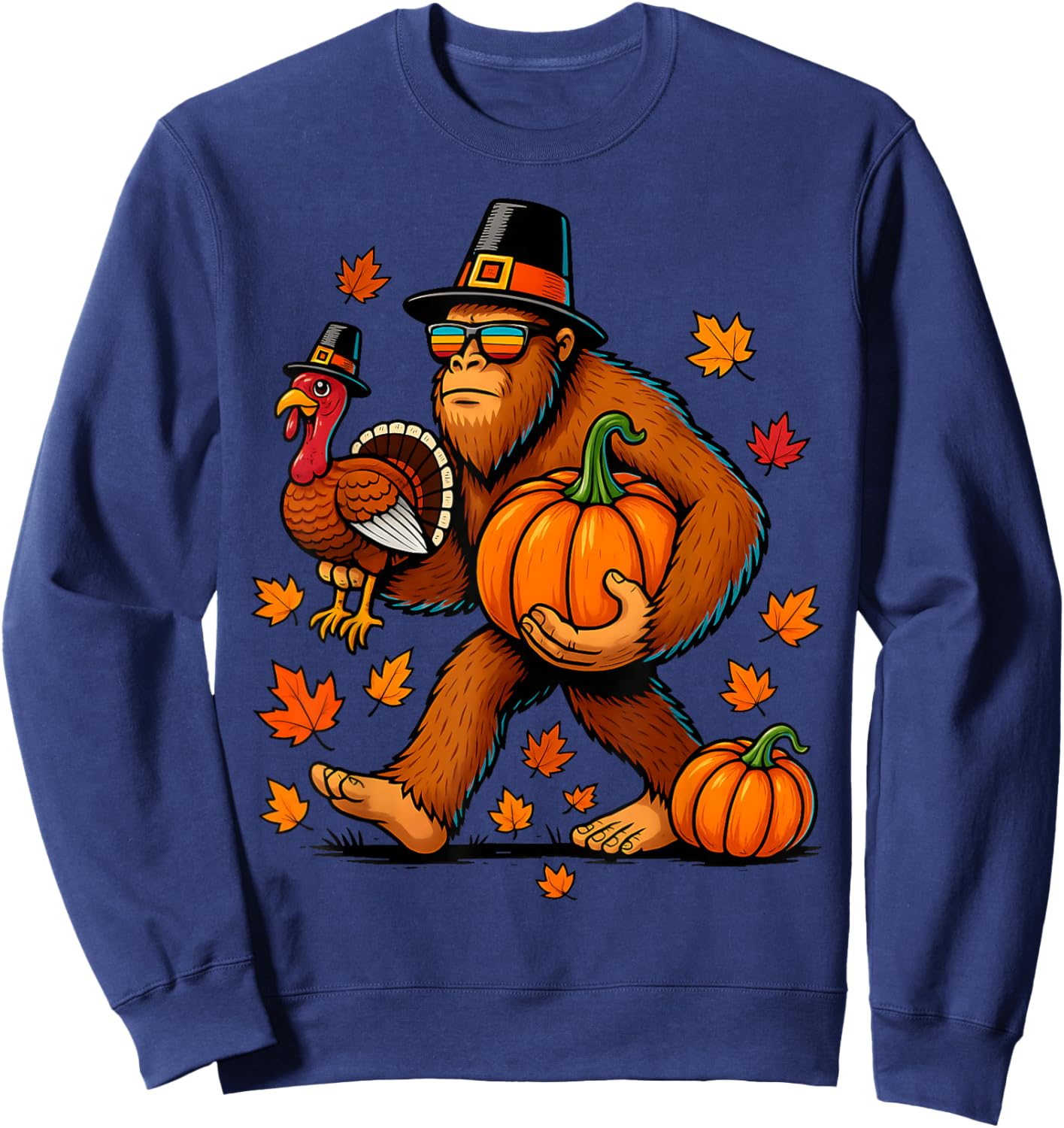 Pilgrim Turkey Pumpkin Thanksgiving Day Bigfoot Boys Men Sweatshirt - Sweatshirt | Navy