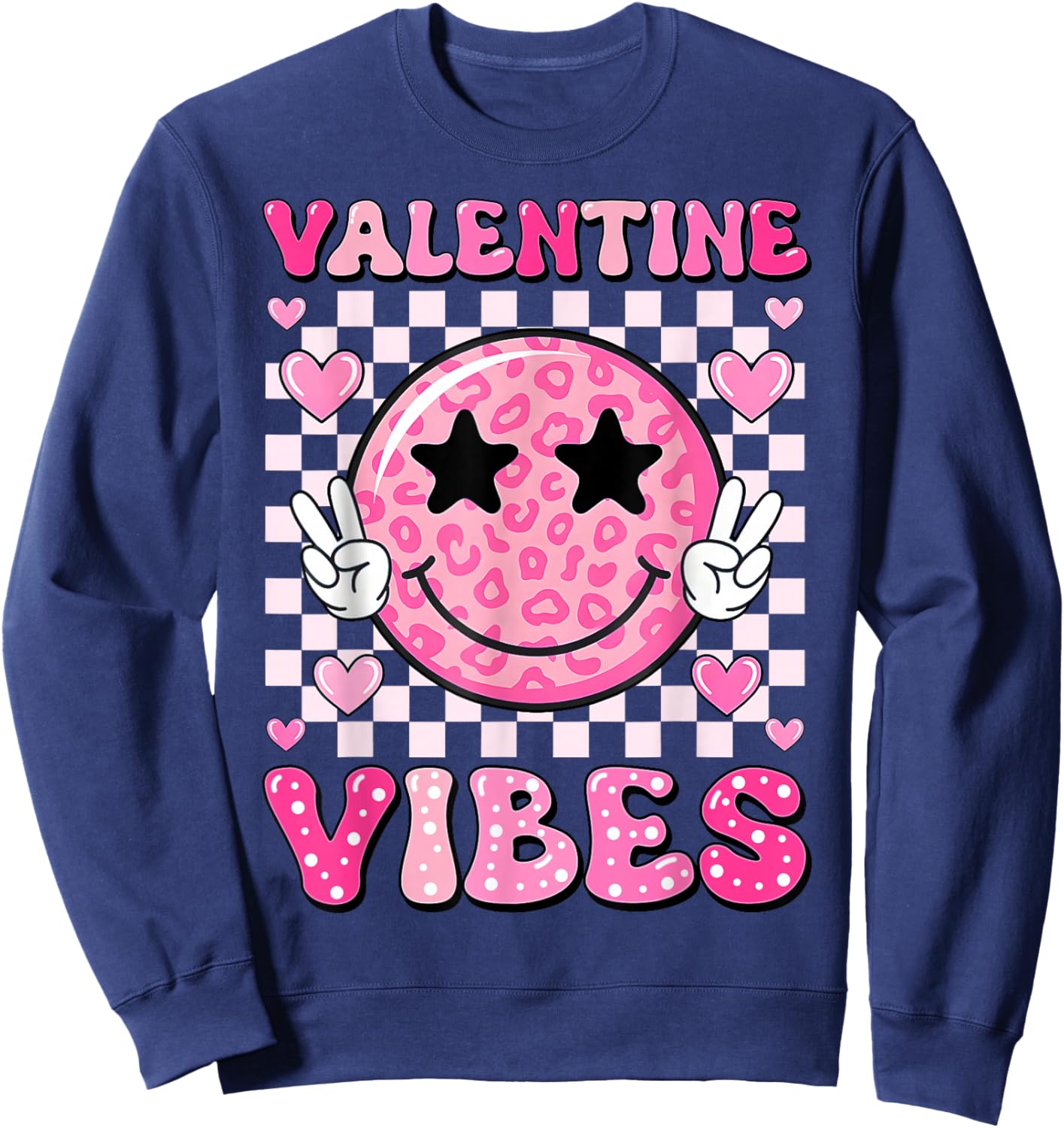 Groovy Valentine Vibes Cute Heart Happy Valentines Men Women Sweatshirt - Sweatshirt | Navy