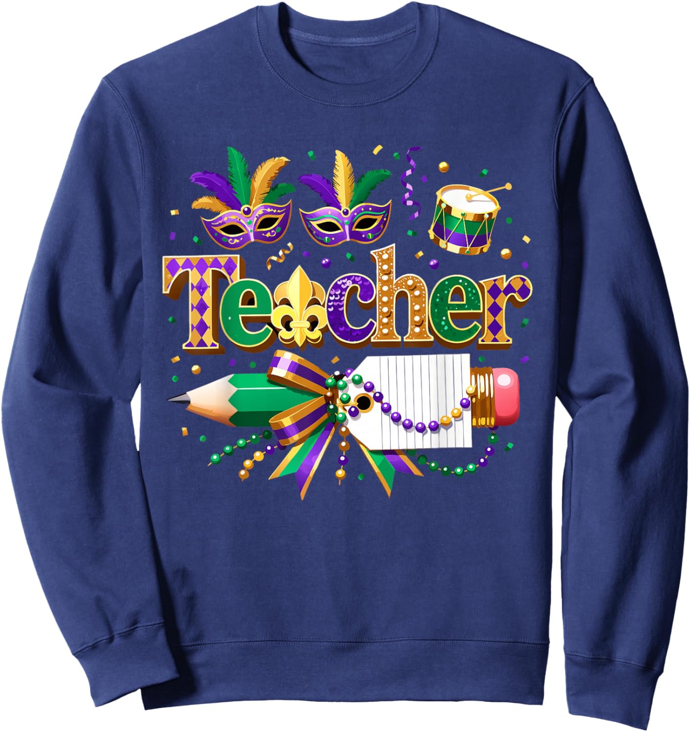 Custom Mardi Gras Teacher Coquette Pencil Holiday Mask Bow Sweatshirt - Sweatshirt | Navy