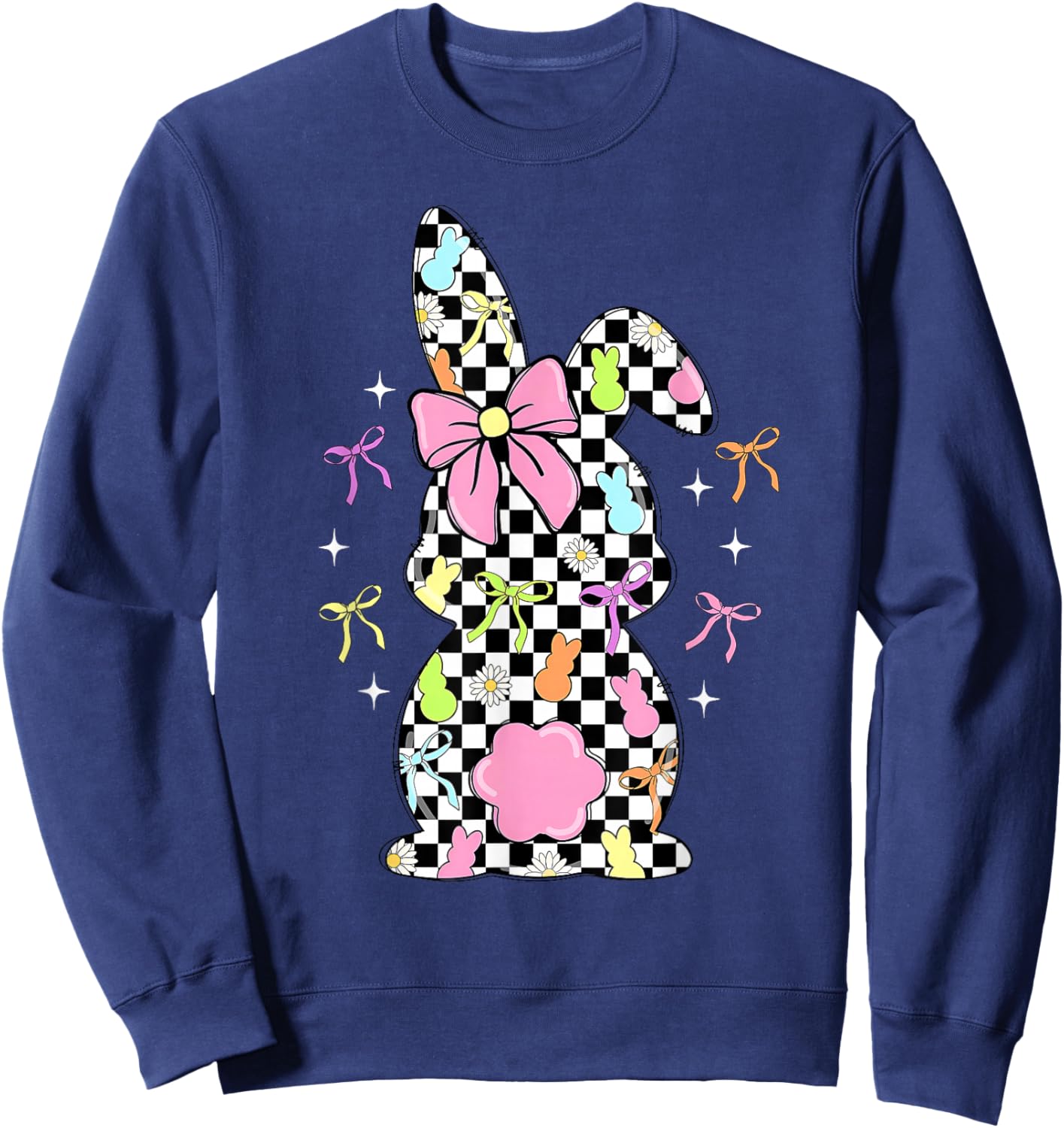 Funny Bunny Checkered Coquette Bow Rabbit Eggs Easter Retro Sweatshirt - Sweatshirt | Navy