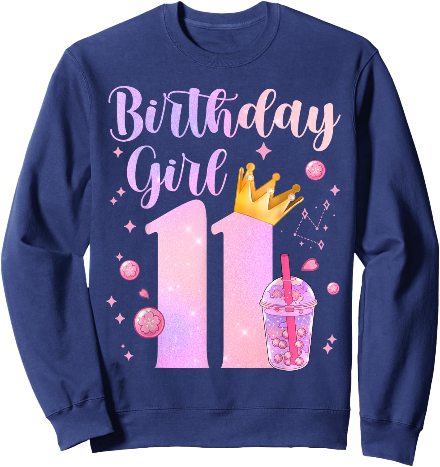 Birthday Girl 11 Yrs Old Boba Tea Theme Party 11th Bday Kids Sweatshirt - Sweatshirt | Navy