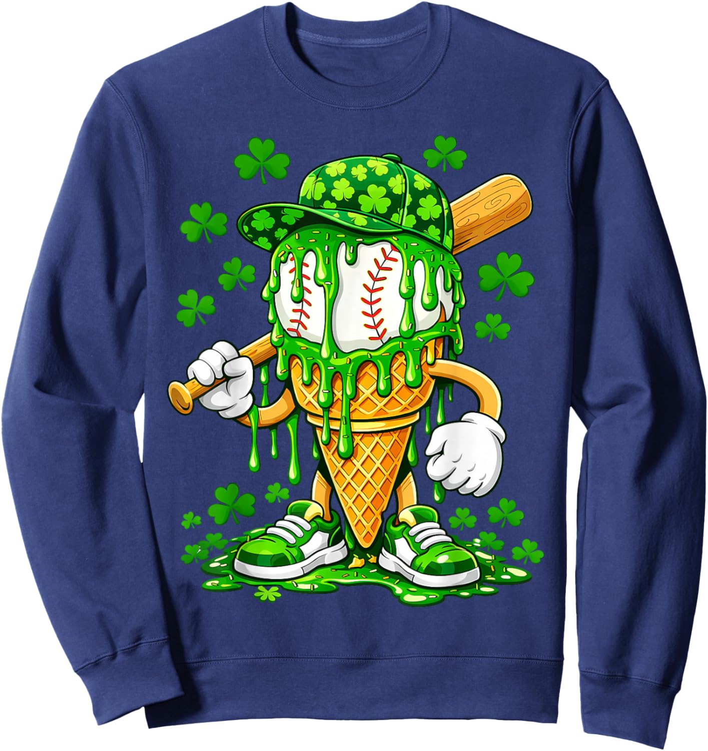 St Patricks Day Baseball Ice Cream Drip Shamrock Kids Boys Sweatshirt - Sweatshirt | Navy