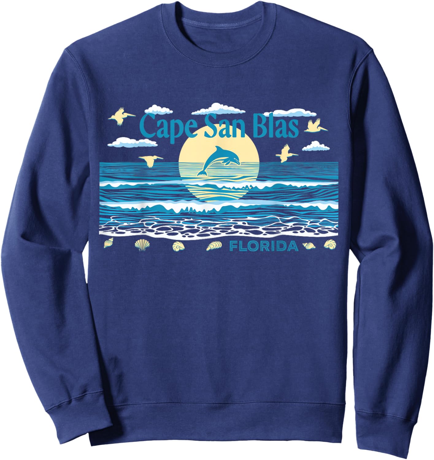 Cape San Blas FL Dolphin Pelican Waves Beach Vacation Sweatshirt - Sweatshirt | Navy