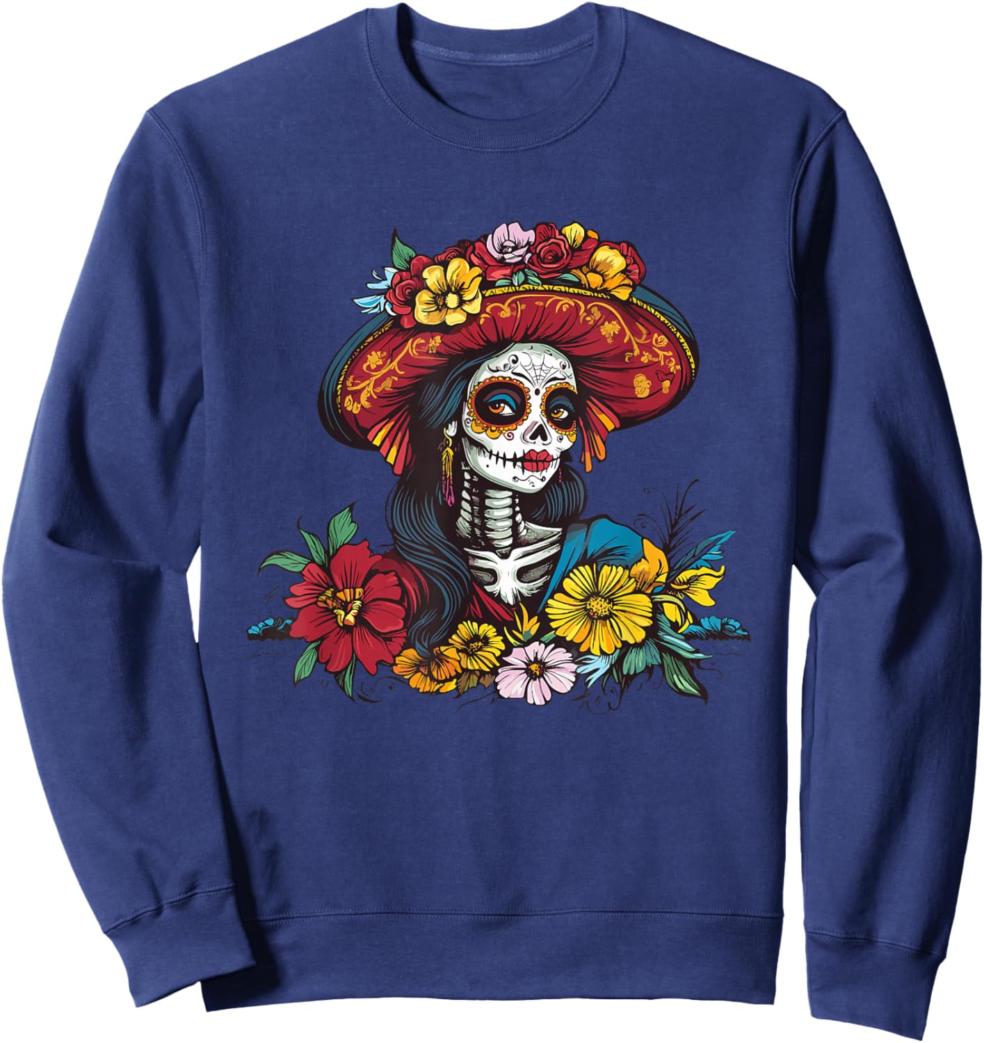 Day of The Dead Mexican Catrina Skull Floral Colorful Sweatshirt - Sweatshirt | Navy