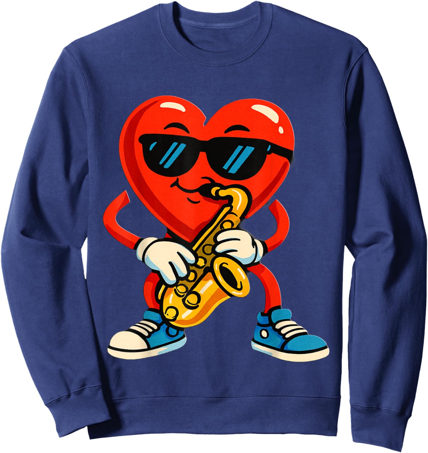 A Fun Cartoon RED Heart Playing Saxophone Sweatshirt - Sweatshirt | Navy
