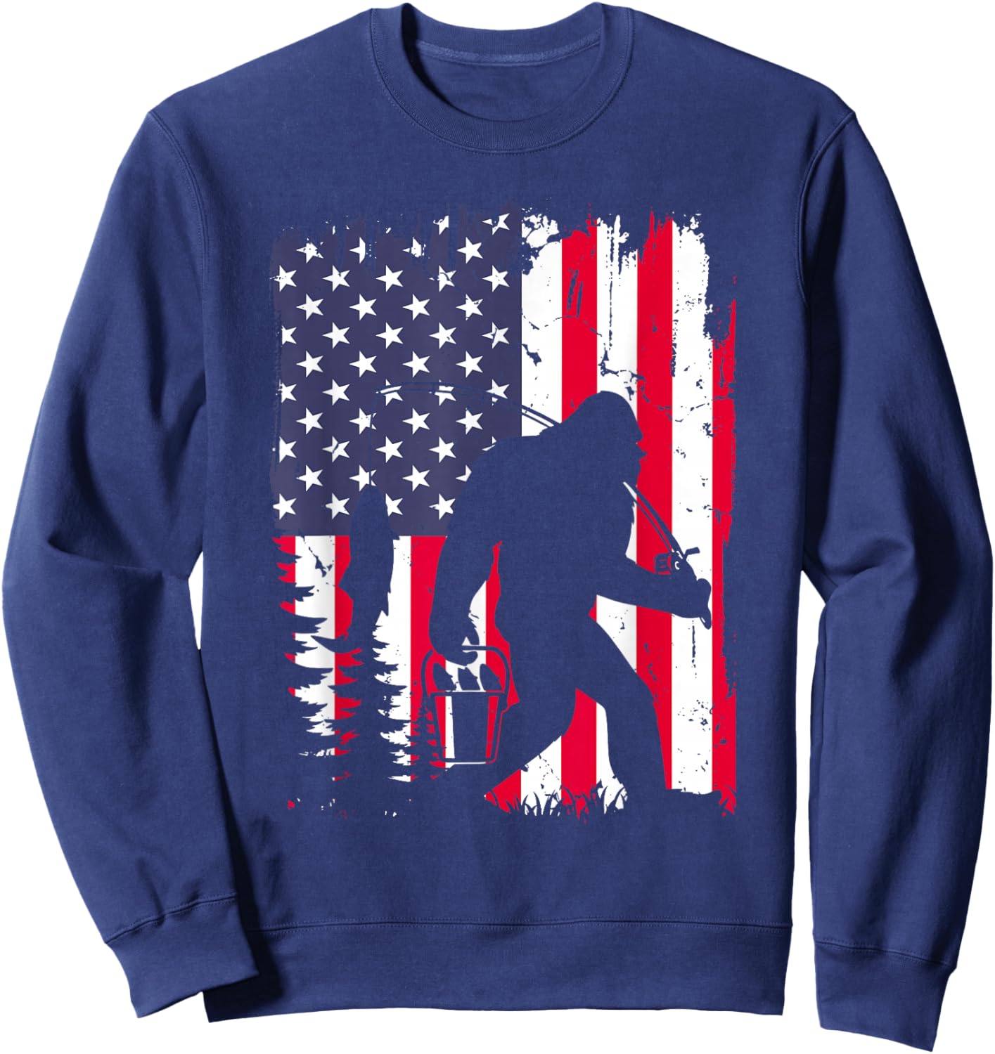 Funny Bigfoot Fishing American Flag USA Sasquatch Gift Sweatshirt - Sweatshirt | Navy