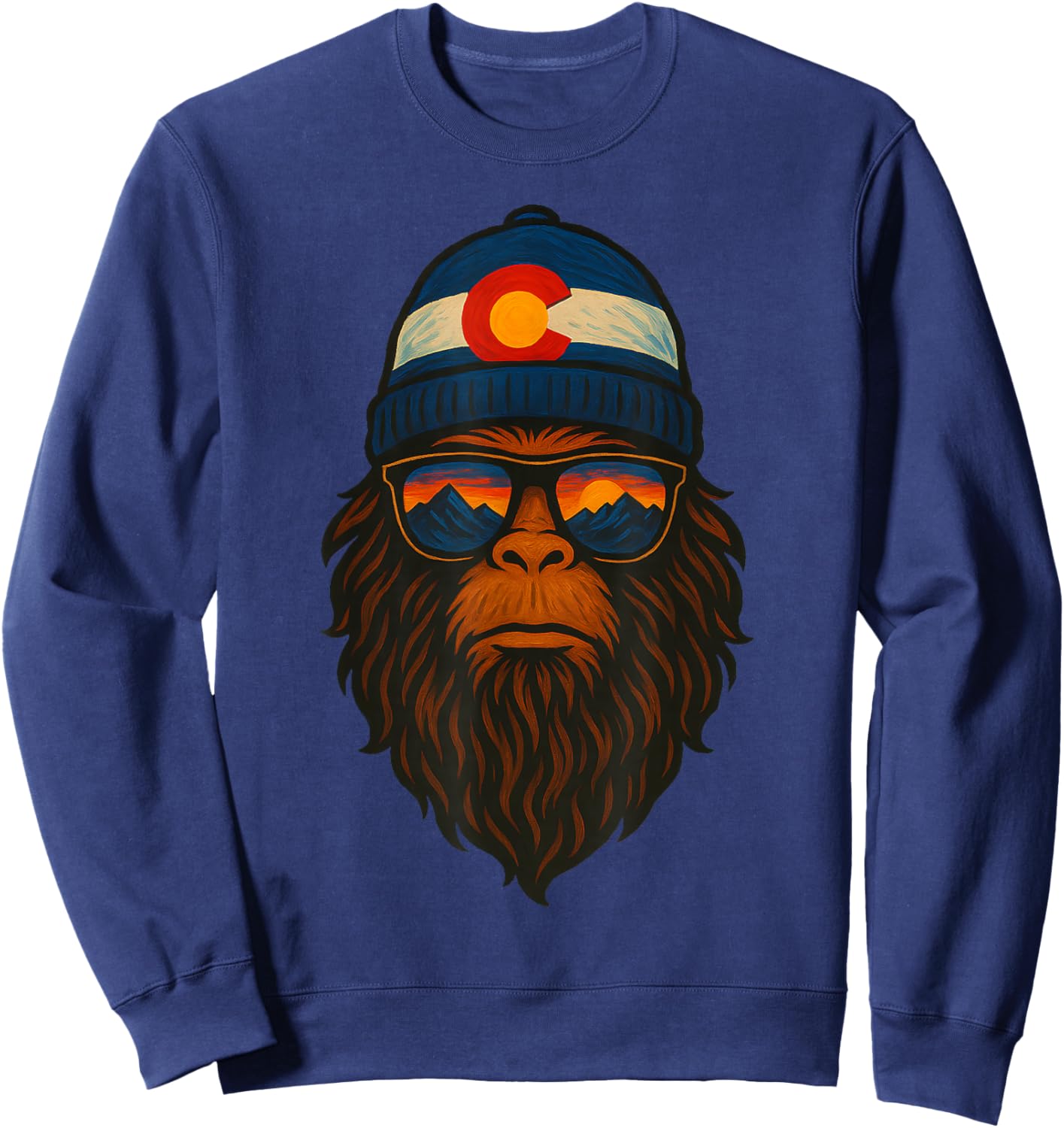 Colorado Sasquatch Beanie Sunset Mountain Bigfoot Art Retro Sweatshirt - Sweatshirt | Navy