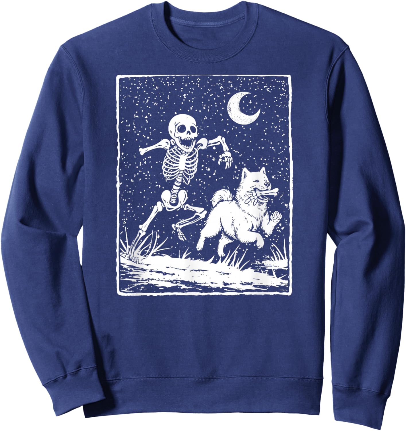 Skeleton Chasing Samoyed Dog – Spooky Halloween Sweatshirt - Sweatshirt | Navy