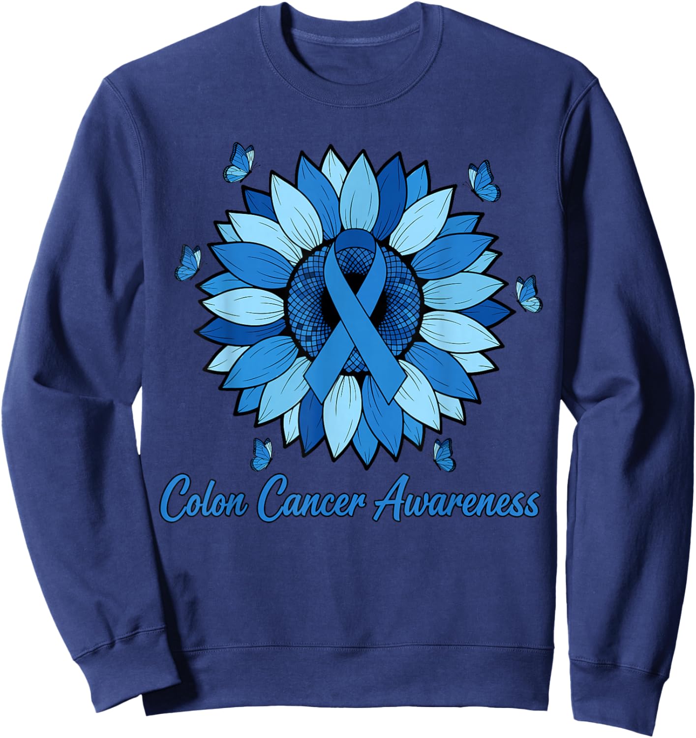 Sunflower Colon Cancer Awareness Month Blue Ribbon Sweatshirt - Sweatshirt | Navy
