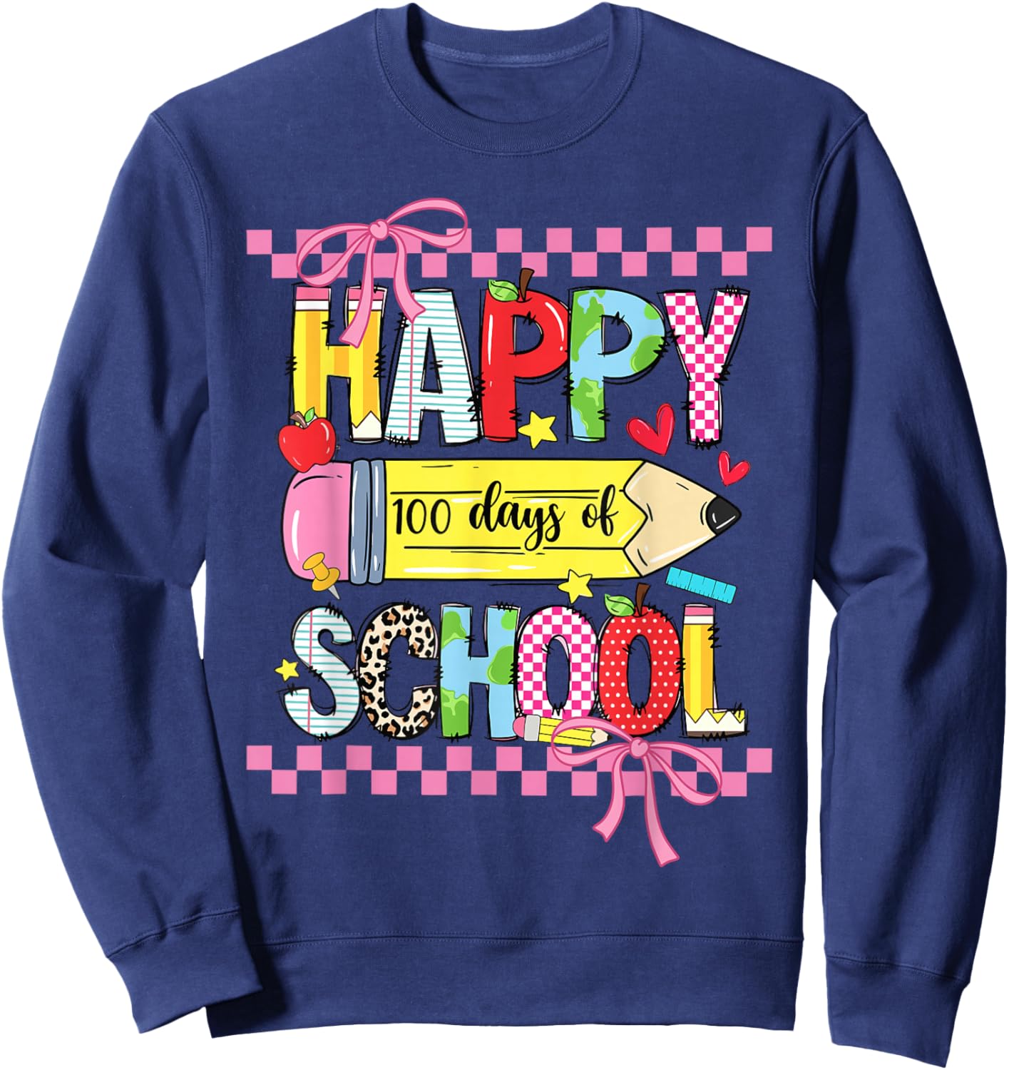 Happy 100th Day of School Teacher Girls Coquette Bow 100 Day Sweatshirt - Sweatshirt | Navy