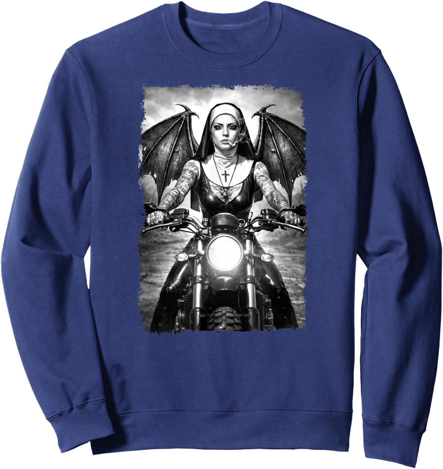 Gothic Tattoo Biker Smoking Nun with Wings, Dark Urban Art Sweatshirt - Sweatshirt | Navy