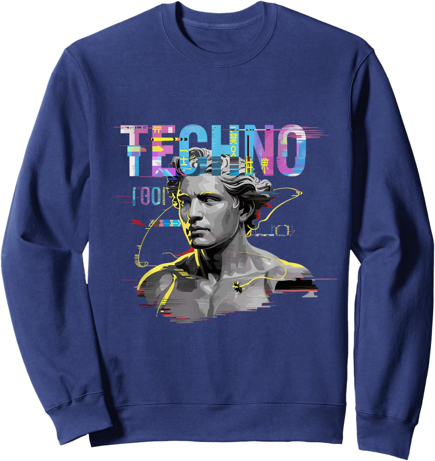 Futuristic Techno Statue Glitch Raver DJ Festival Sweatshirt - Sweatshirt | Navy