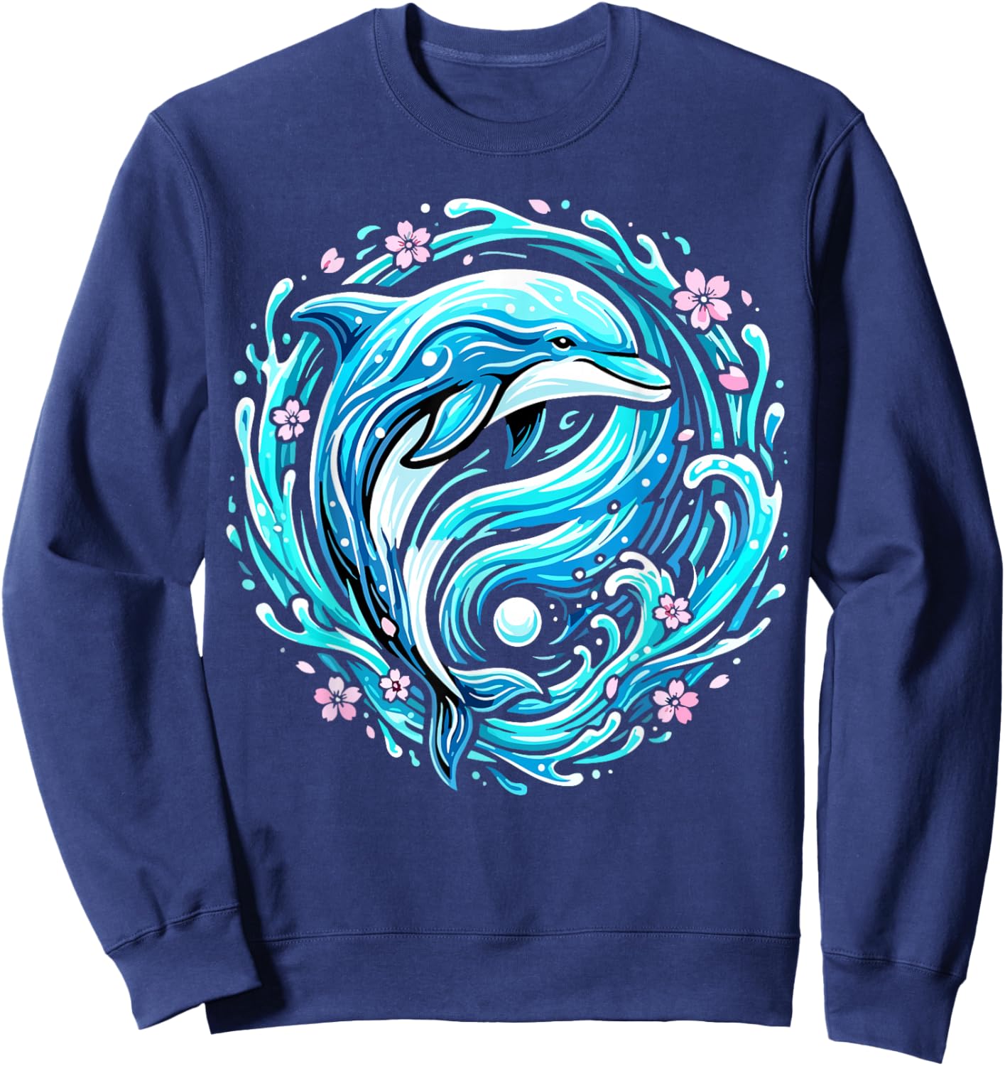 Cute Dolphin Ocean Wave Floral Sweatshirt - Sweatshirt | Navy