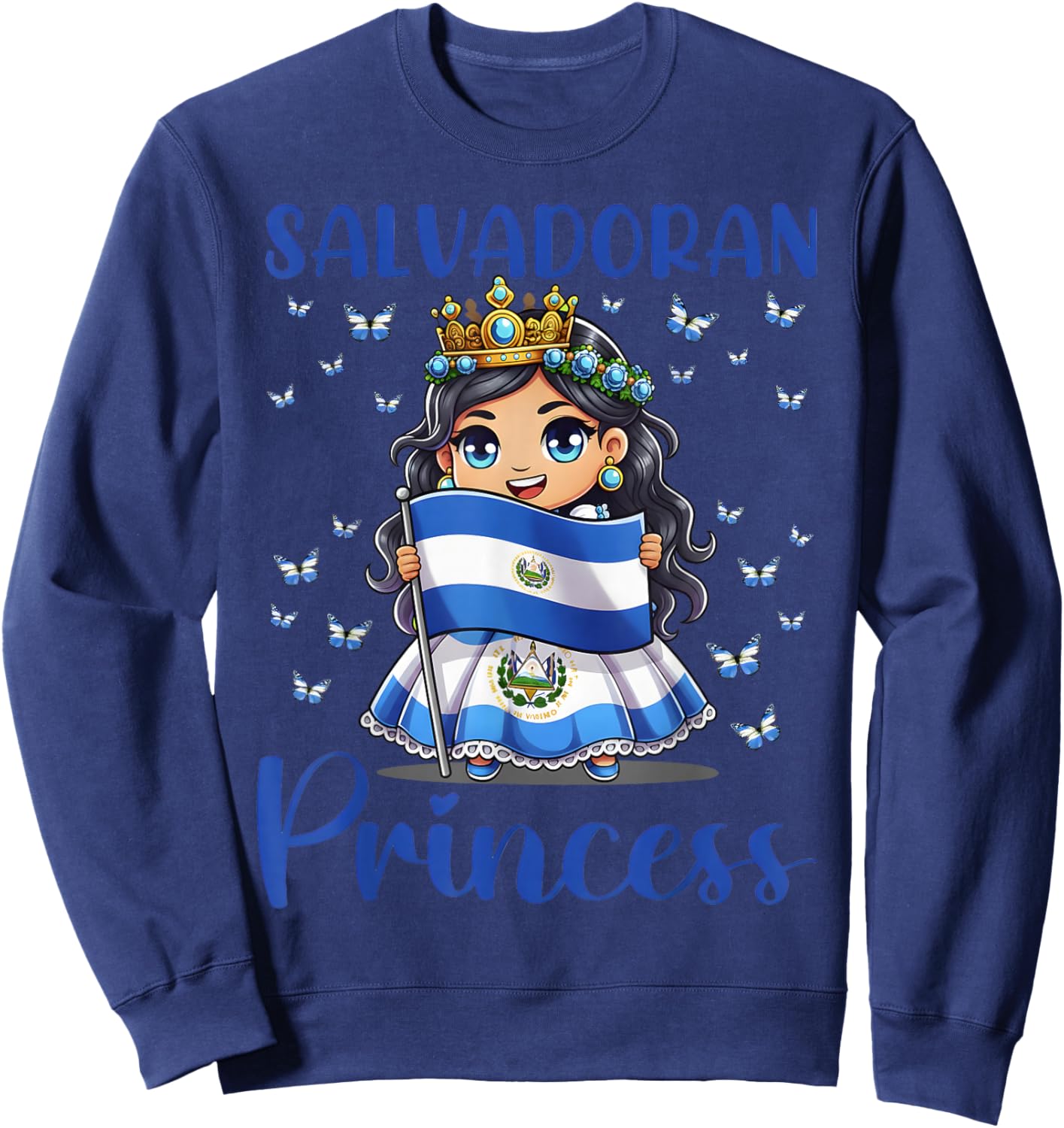 Salvadoran Princess Flag Butterfly Cute Chibi Sweatshirt - Sweatshirt | Navy