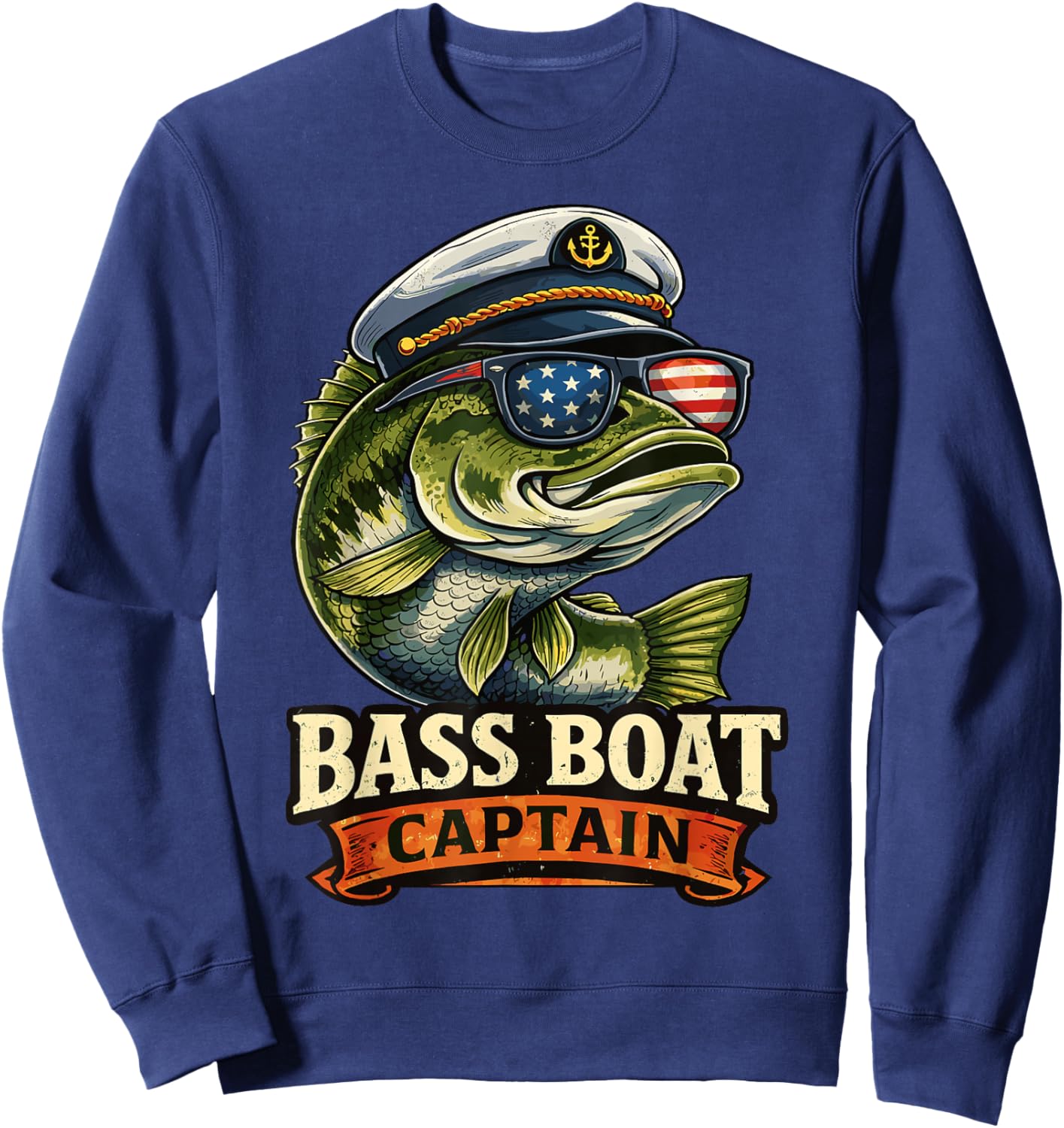 Funny Bass Boat Captain Patriotic American Flag Fishing Sweatshirt - Sweatshirt | Navy