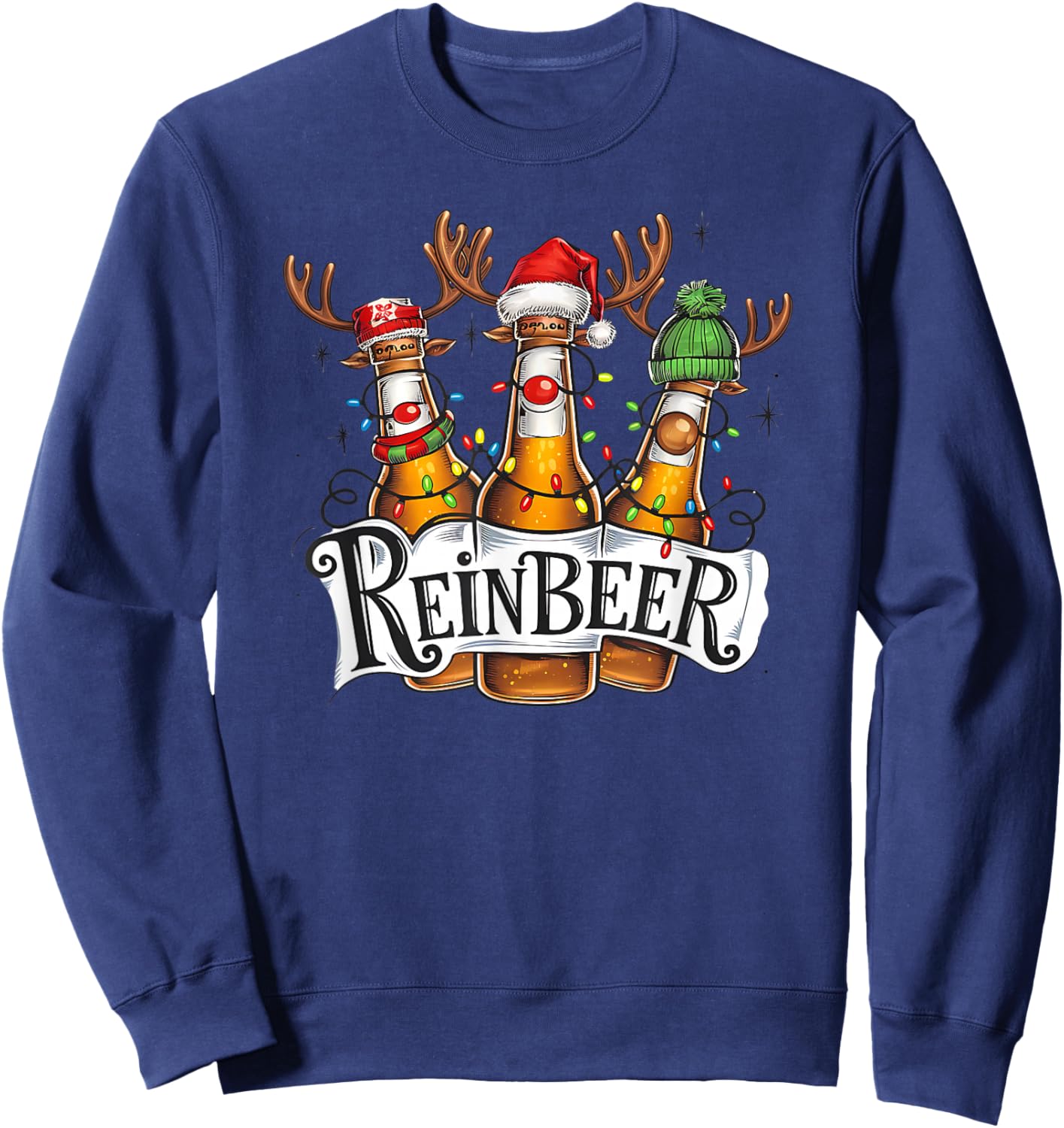 Reinbeer Beer Bottles Wearing Deer Hat Christmas Drinking Sweatshirt - Sweatshirt | Navy