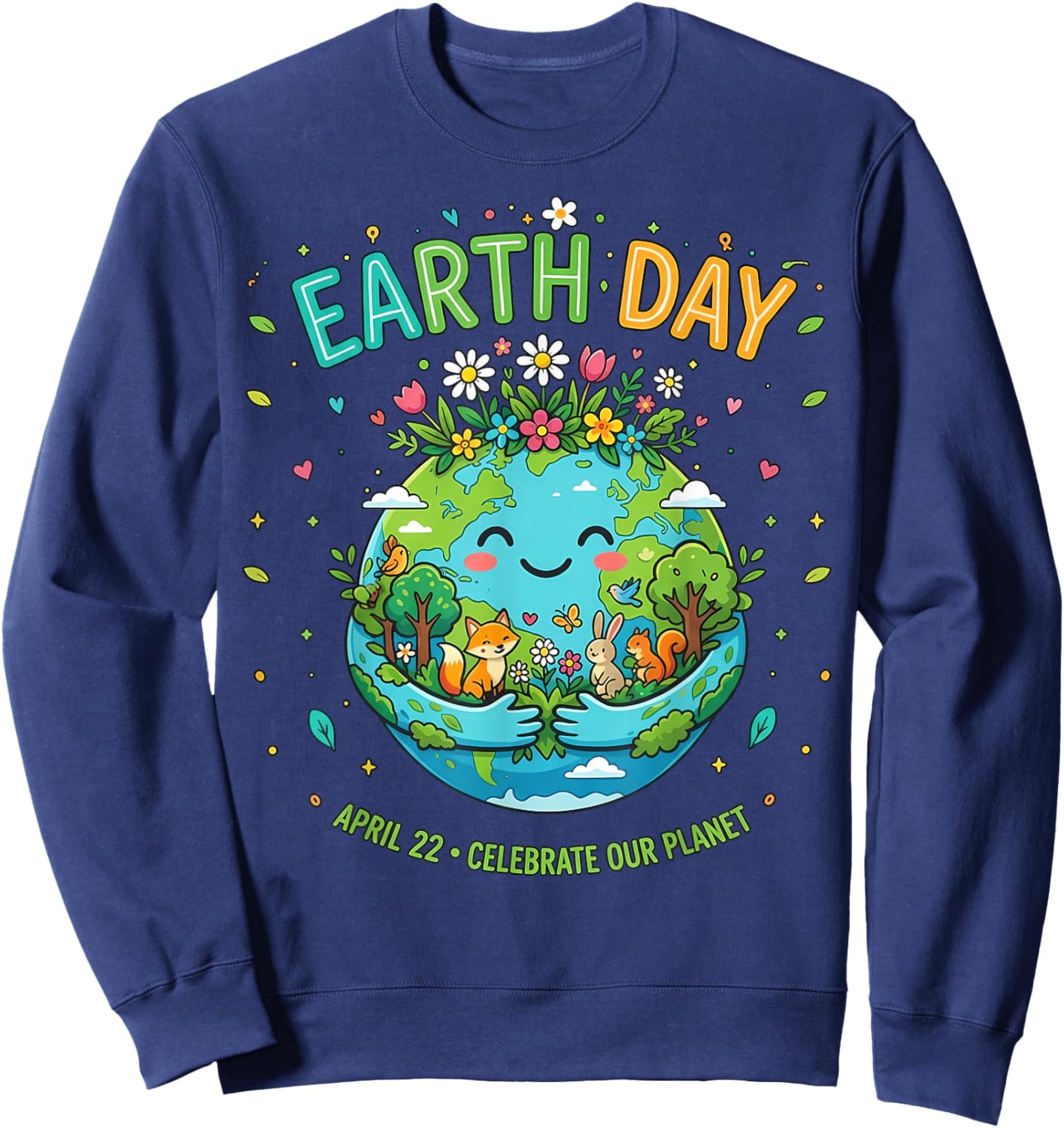 Earth Day 2026 Happy Earth Day Shirt Cute Earth with Floral Sweatshirt - Sweatshirt | Navy