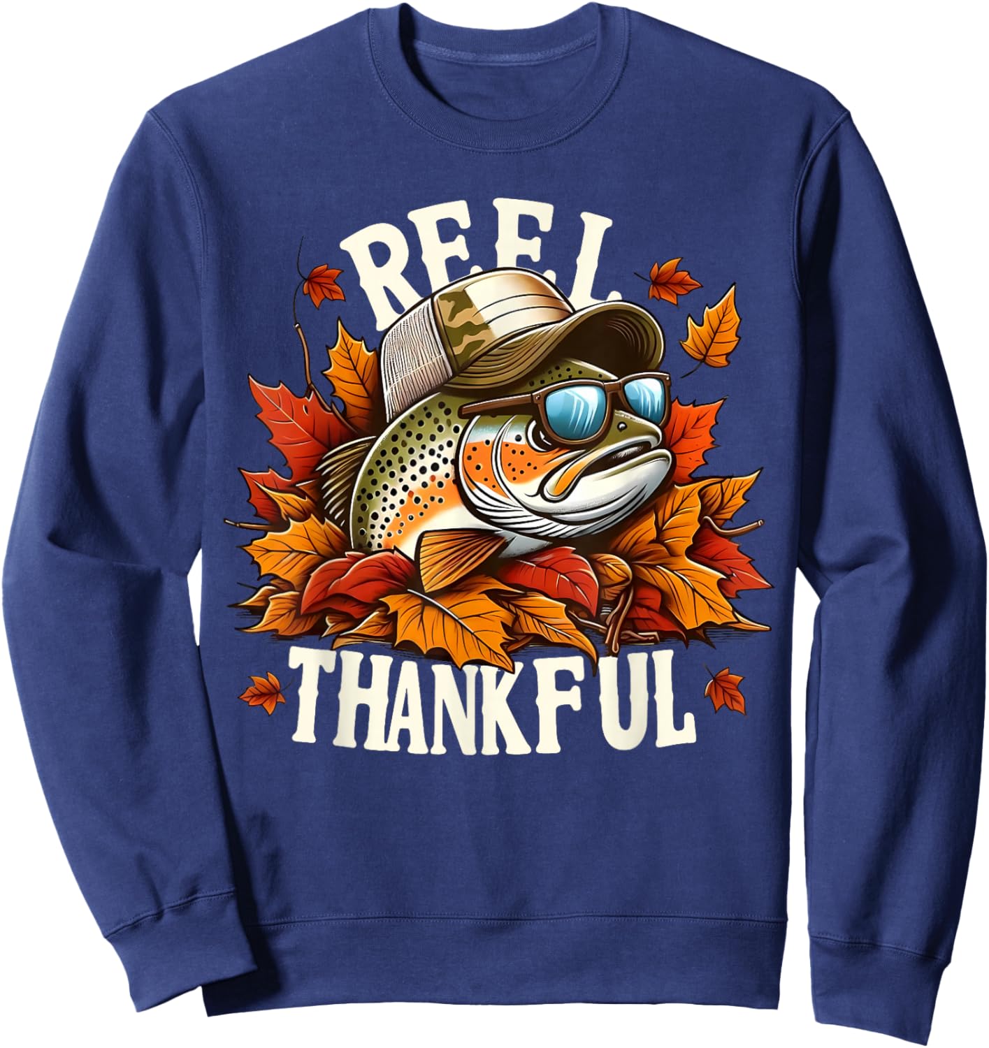 Reel Thankful Thanksgiving Bass Fishing Football Turkey Sweatshirt - Sweatshirt | Navy