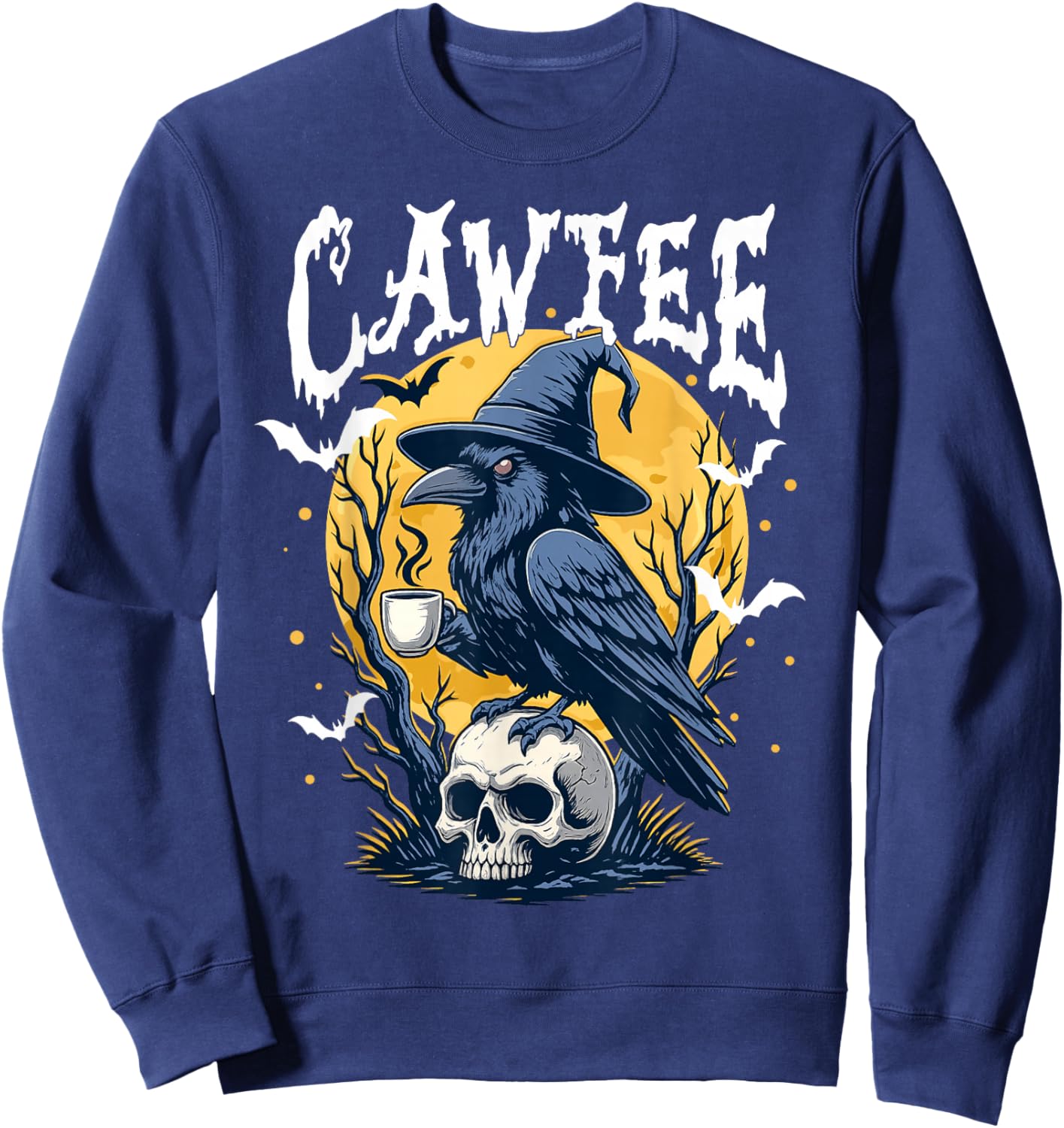 Coffee Crow Gothic Raven Funny Halloween Meme Trendy Spooky Sweatshirt - Sweatshirt | Navy