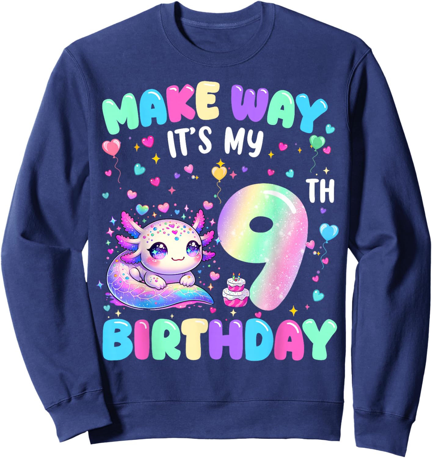 It's My 9th Birthday Girl Cute Axolotl 9 Year Old Bday Kids Sweatshirt - Sweatshirt | Navy