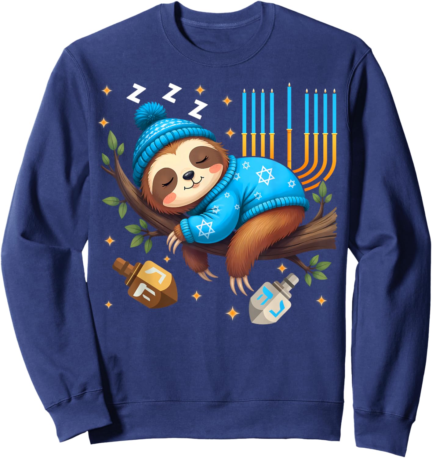 Sleeping Sloth Menorah Happy Hanukkah Chanukah Pajamas Kids Sweatshirt - Sweatshirt | Navy
