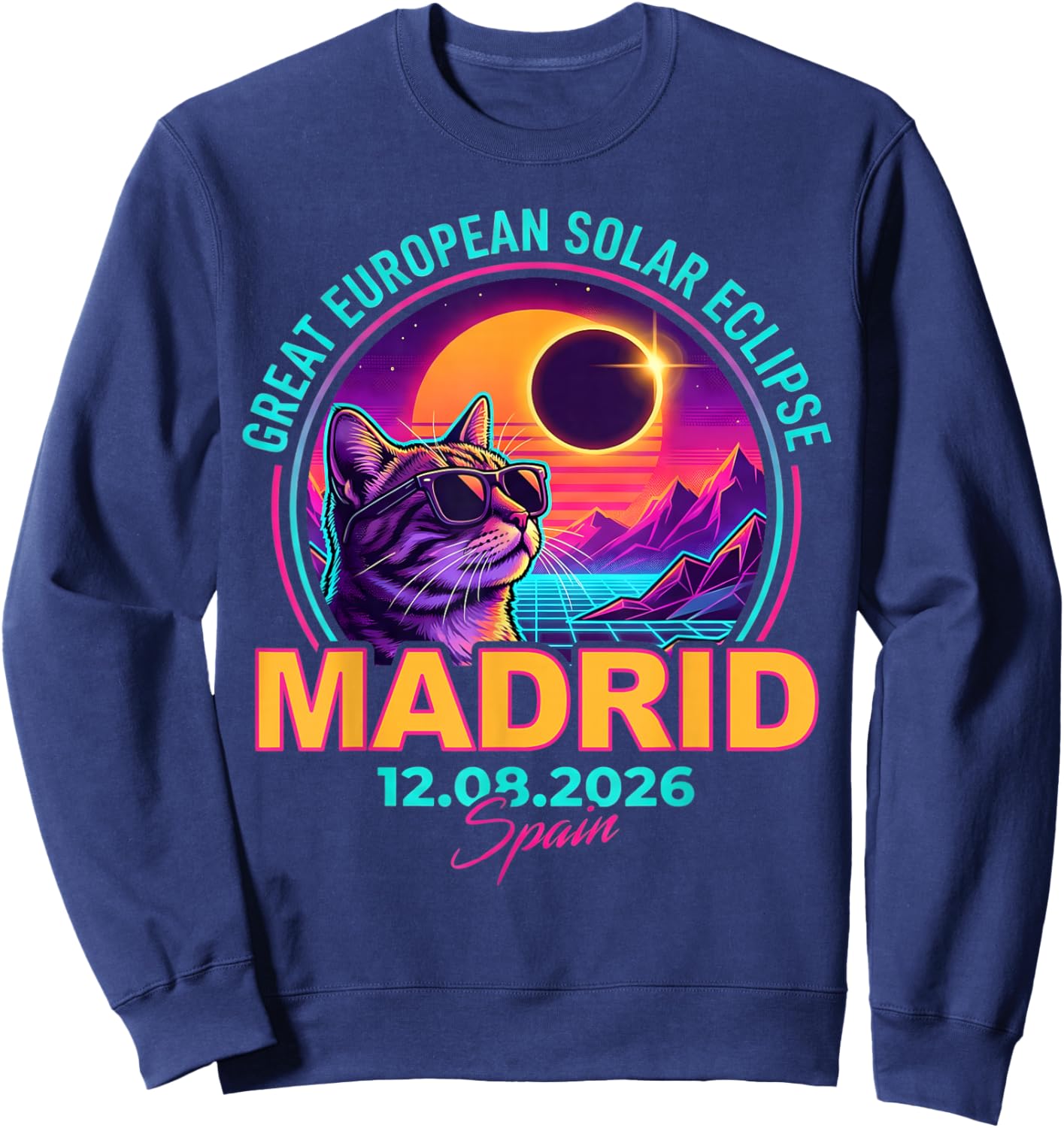 Great European Solar Eclipse 2026 Madrid Spain Cat Retro Sweatshirt - Sweatshirt | Navy