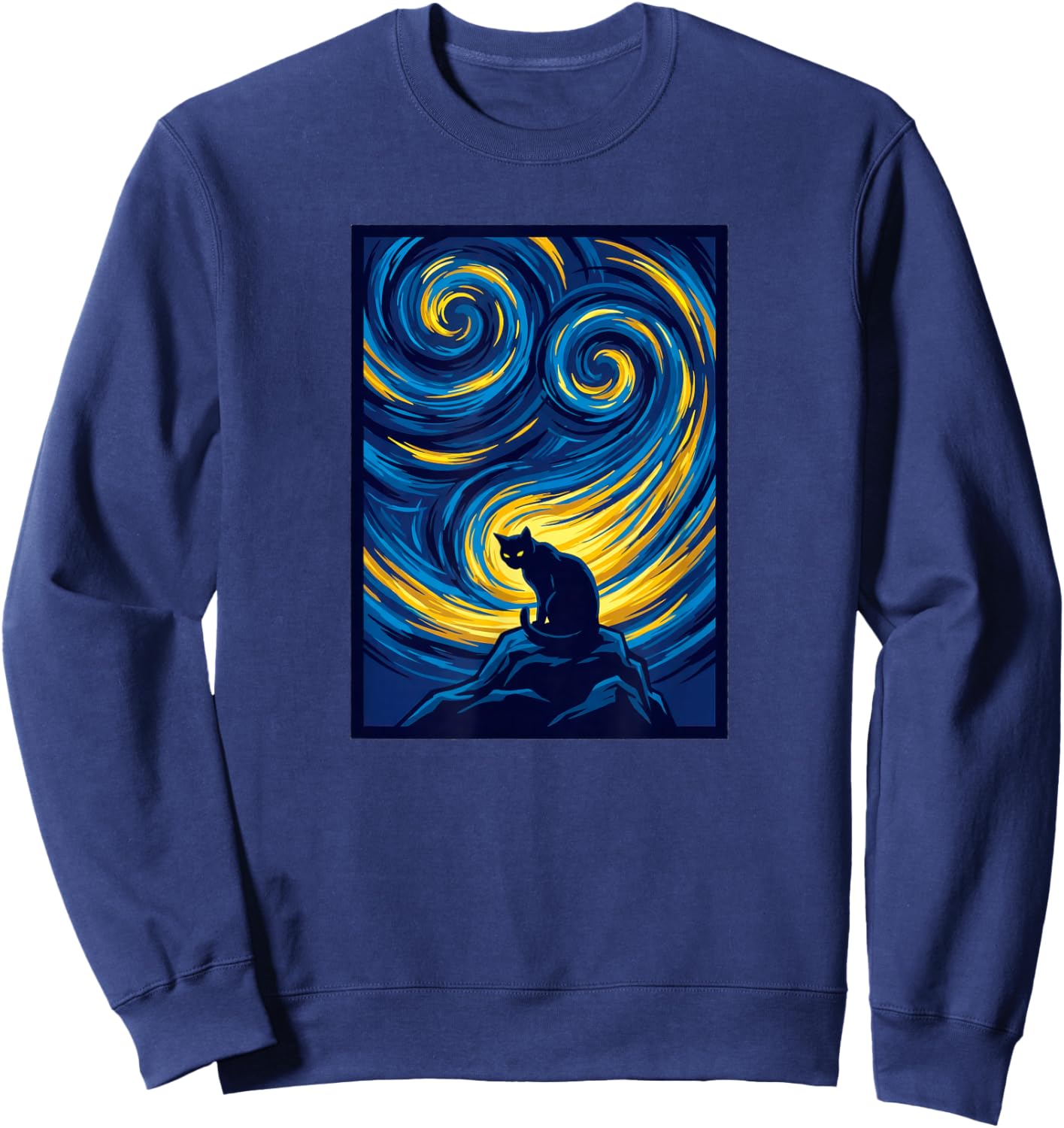 Starry Night Cat on Swirling Sky Art Sweatshirt - Sweatshirt | Navy