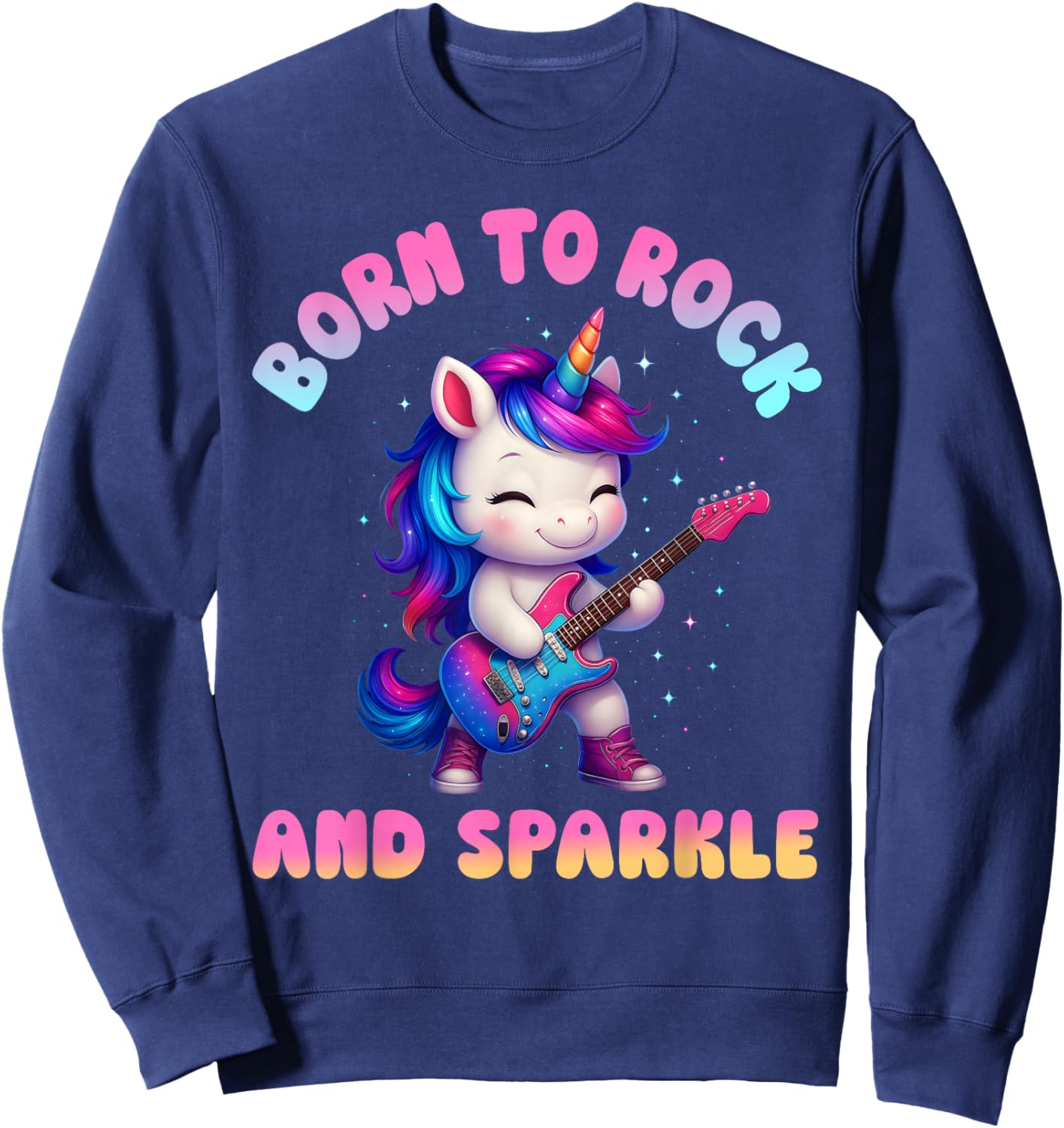 Born to Rock and Sparkle Cute Unicorn Guitar Kids Girls Cute Sweatshirt - Sweatshirt | Navy