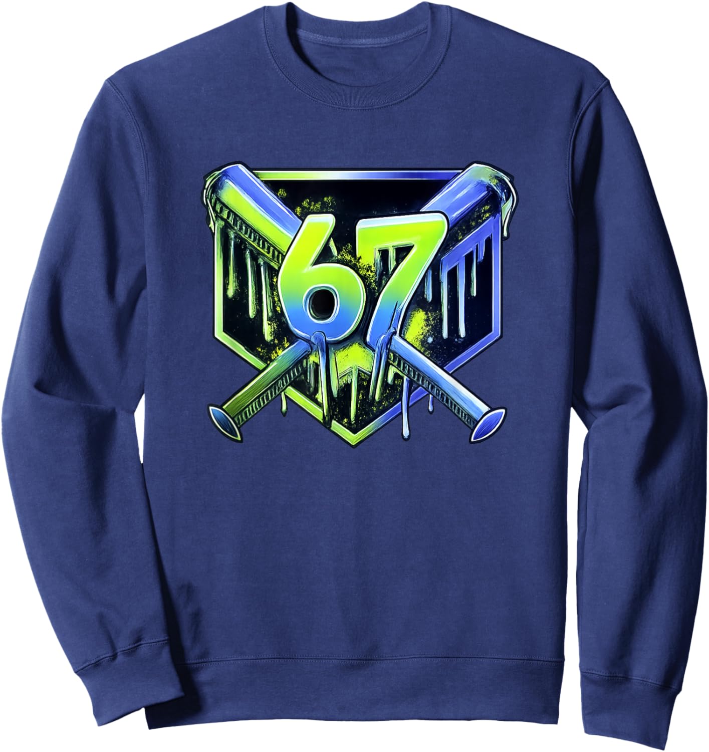 Awesome 67 Baseball Drip Effect, Baseball 6-7 Meme Graphic Sweatshirt - Sweatshirt | Navy