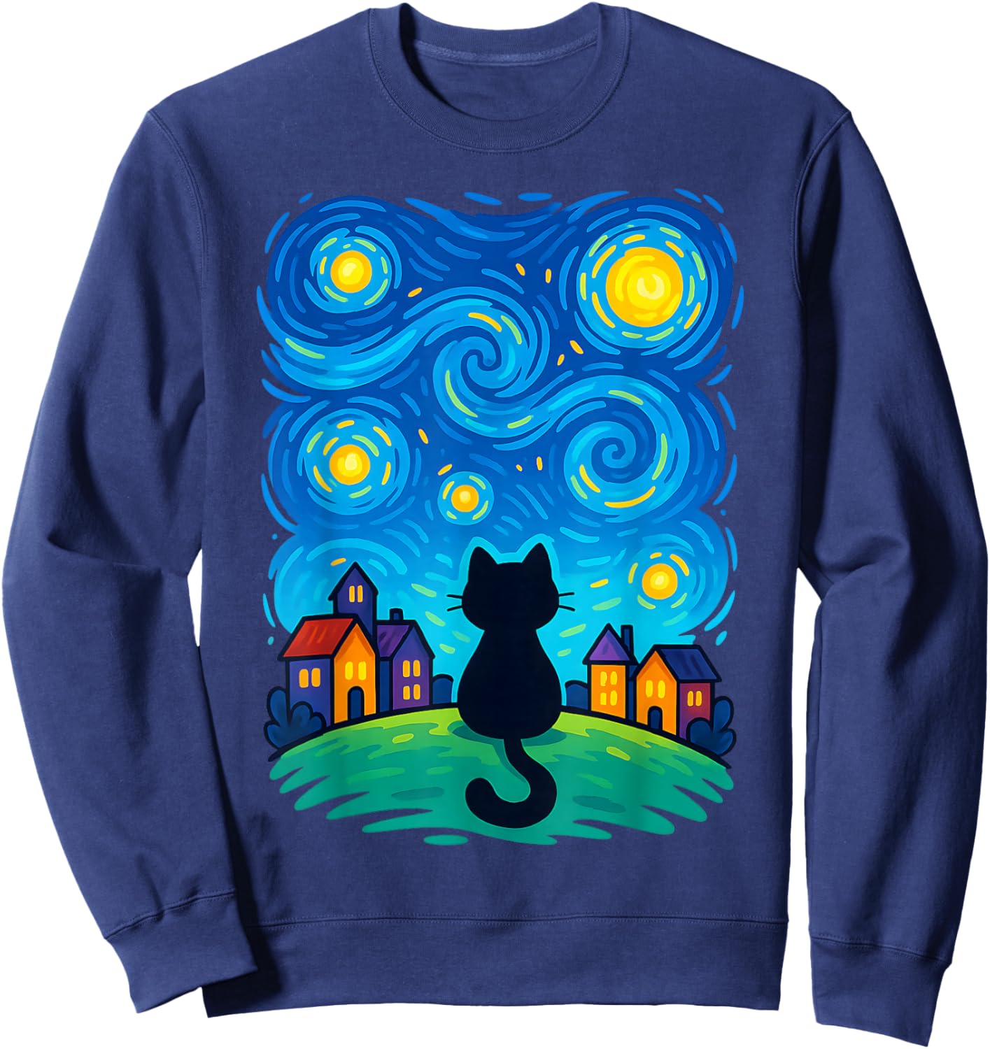 Cat Looking at Starry Night Sky Colorful Moon Houses Stars Sweatshirt - Sweatshirt | Navy