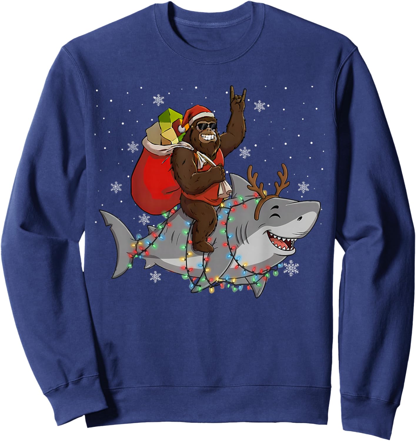 Bigfoot Riding Shark Deer Xmas Shark Christmas Sweatshirt - Sweatshirt | Navy