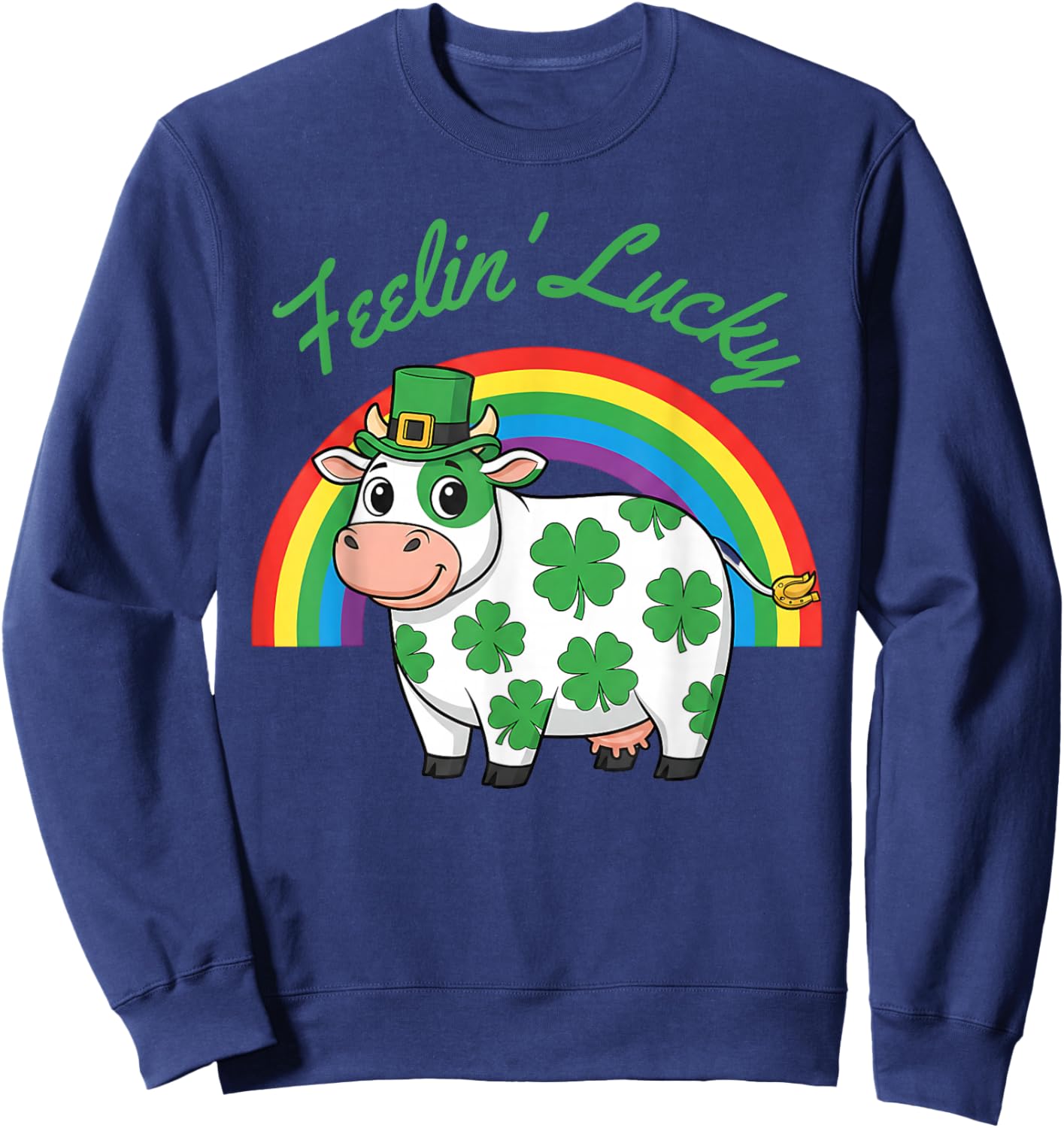 Feelin Lucky St Patricks Day Cow Funny Irish Shamrock Cow Sweatshirt - Sweatshirt | Navy