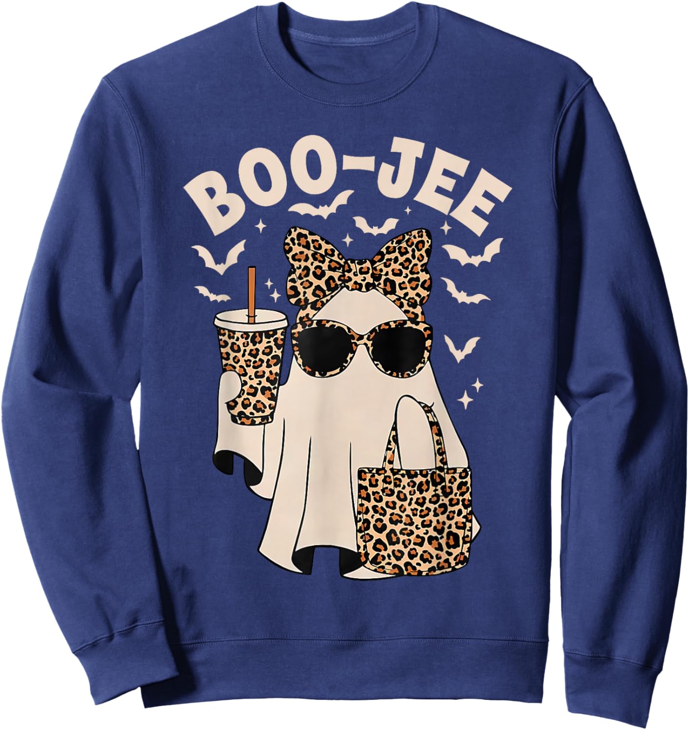 Boo JEE Boujee Leopard Ghost Halloween October Vibes Sweatshirt - Sweatshirt | Navy