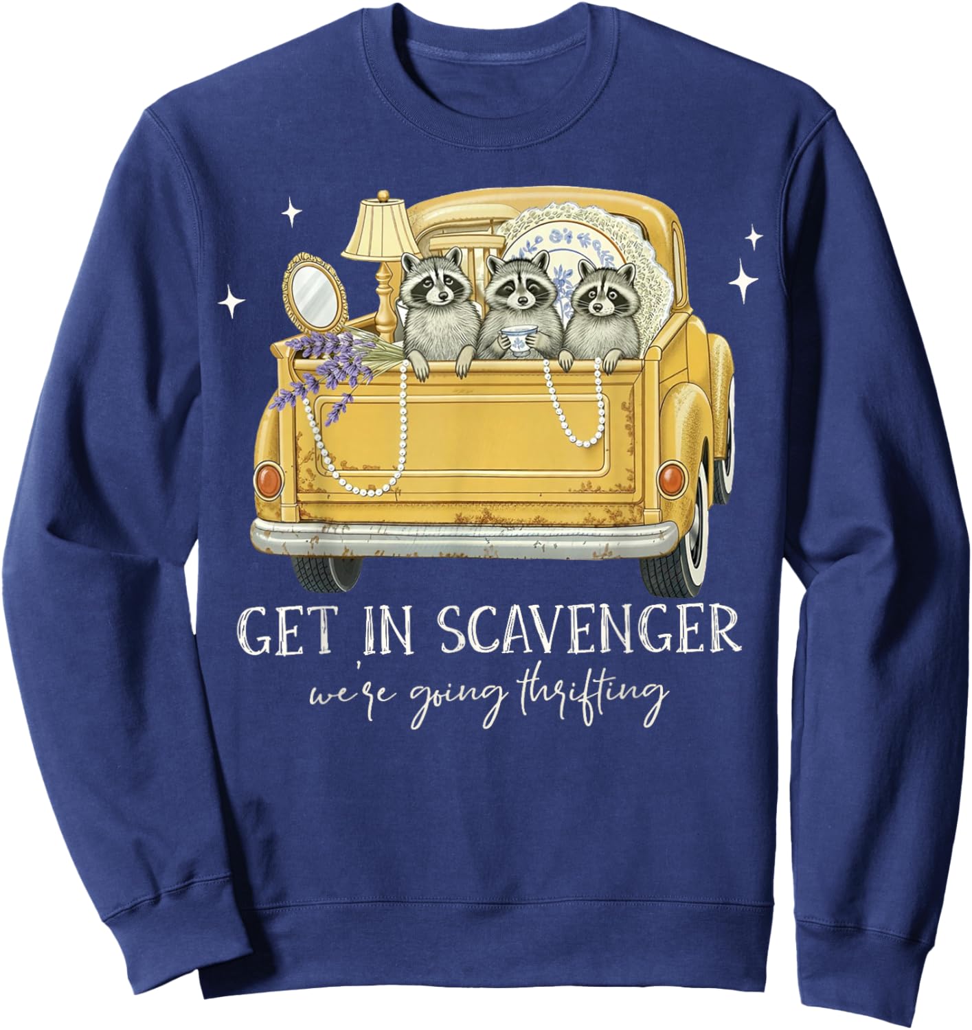Get in Scavenger We're Going Thrifting Raccoon Vintage Car Sweatshirt - Sweatshirt | Navy