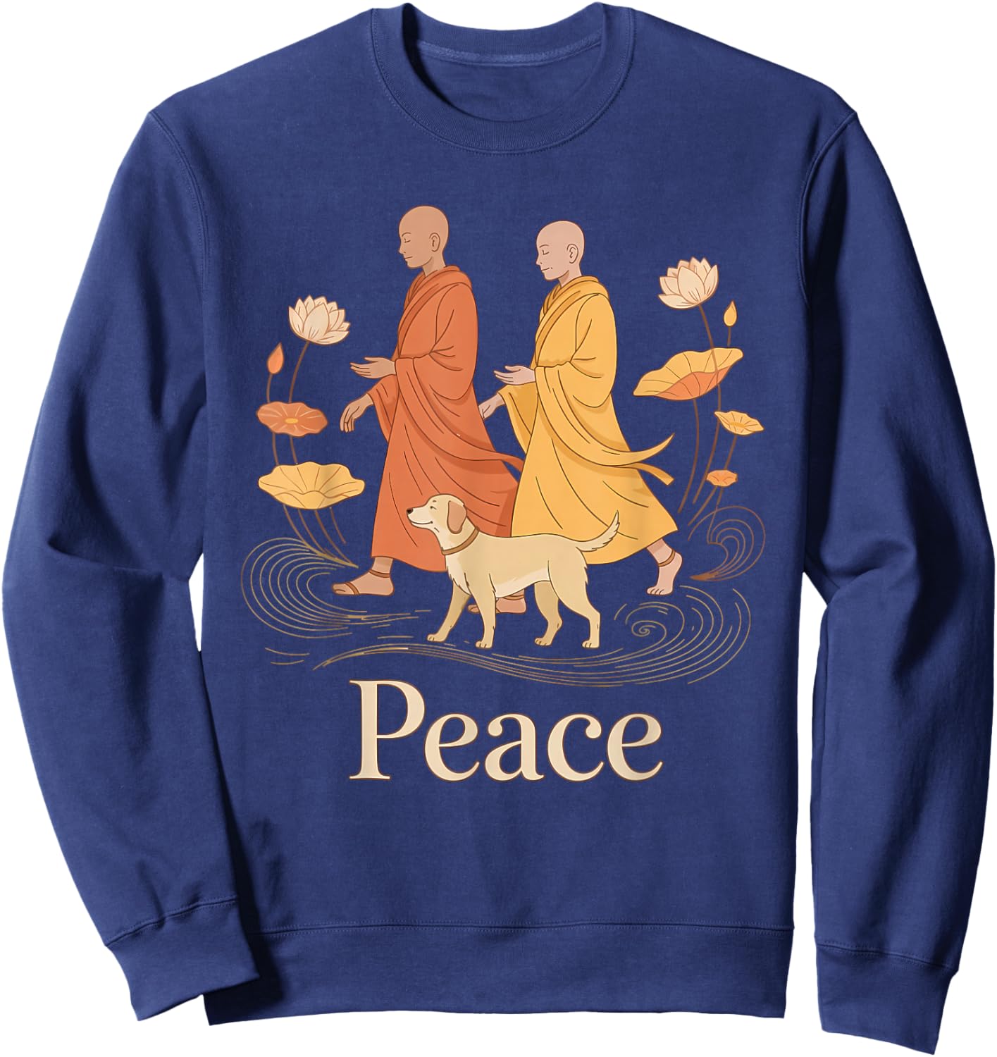 Vintage Peace Walking Monks & Dog Minimalist Zen Art Sweatshirt - Sweatshirt | Navy
