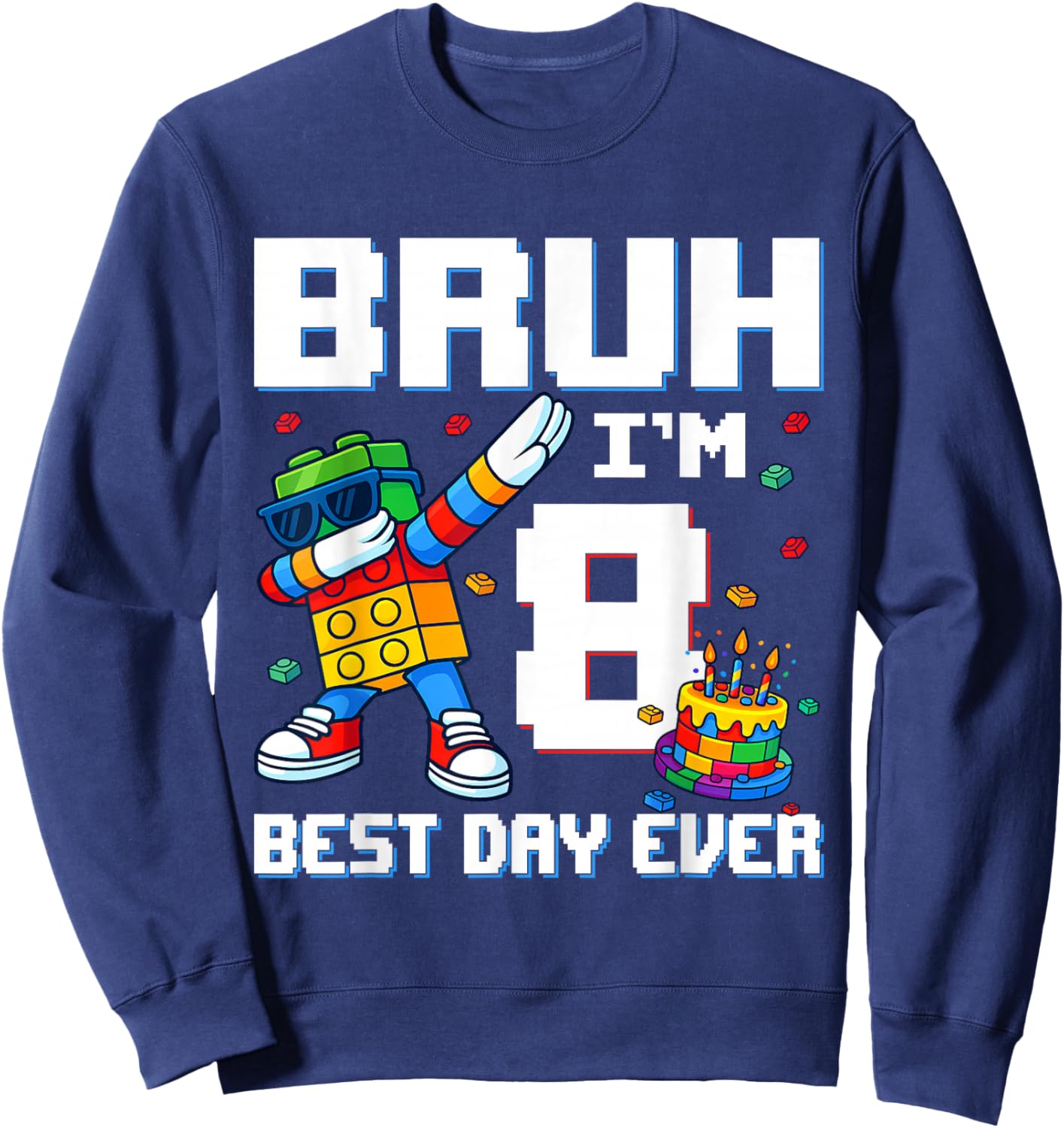 Bruh I’m 8 Colorful Block Character Birthday Kids Boys Sweatshirt - Sweatshirt | Navy