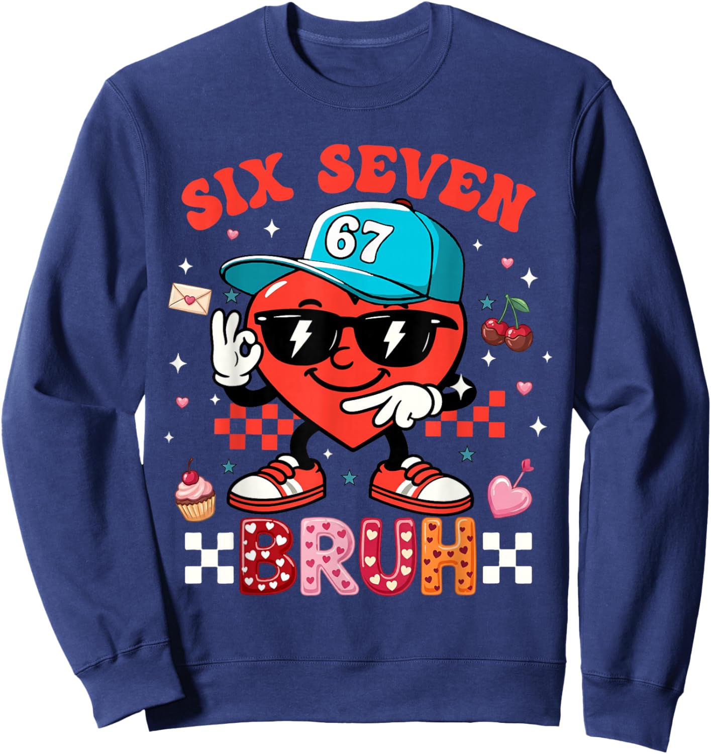 Funny Six Seven 67 6 7 Meme Heart Valentines Bro Kids Boys Sweatshirt - Sweatshirt | Navy