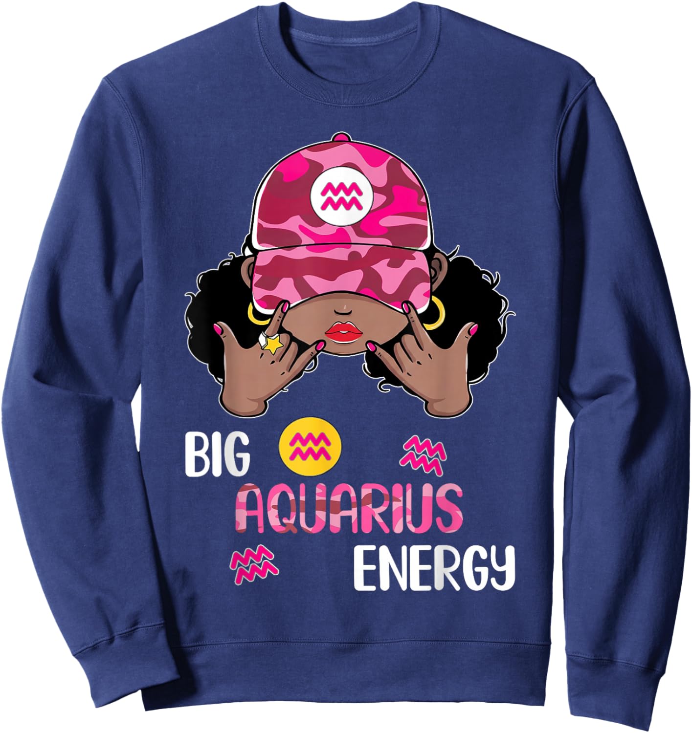 Big Aquarius Energy Woman Pink Camo Cap Afro Girl Zodiac Sweatshirt - Sweatshirt | Navy