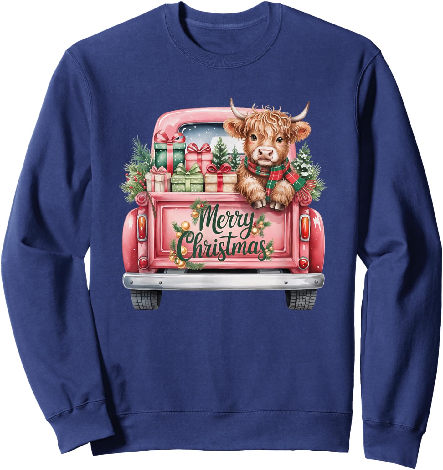 Merry Christmas Cow in Vintage Truck Design Mom Sweatshirt - Sweatshirt | Navy
