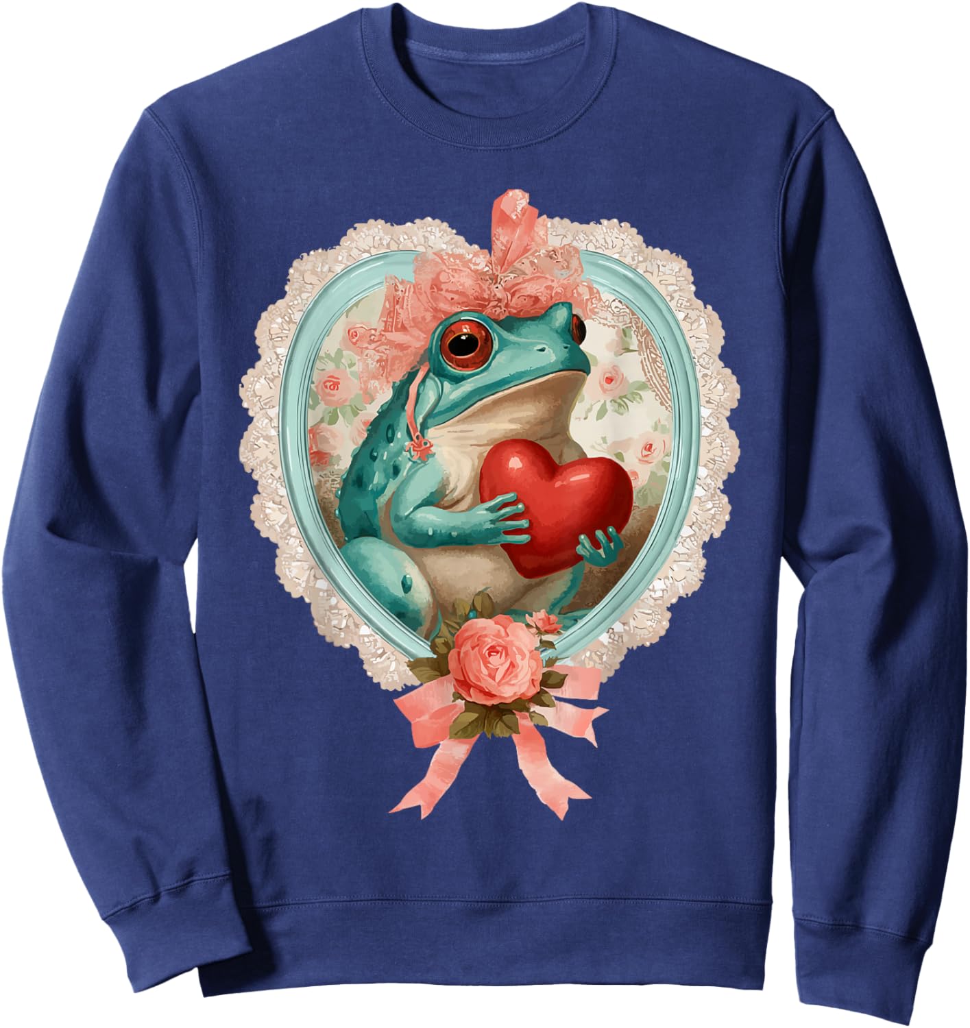 Vintage Valentine Frog with Heart Romantic Animal Coquette Sweatshirt - Sweatshirt | Navy