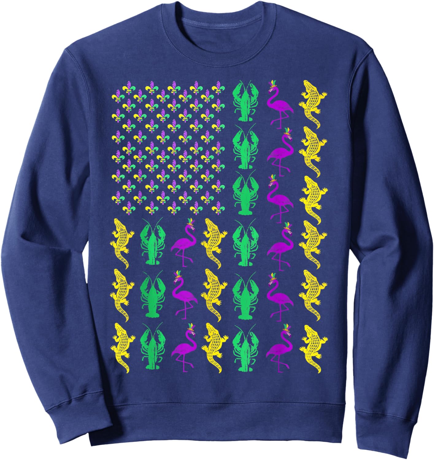 Mardi Gras American Flag Crawfish Flamingo Alligator Party Sweatshirt - Sweatshirt | Navy