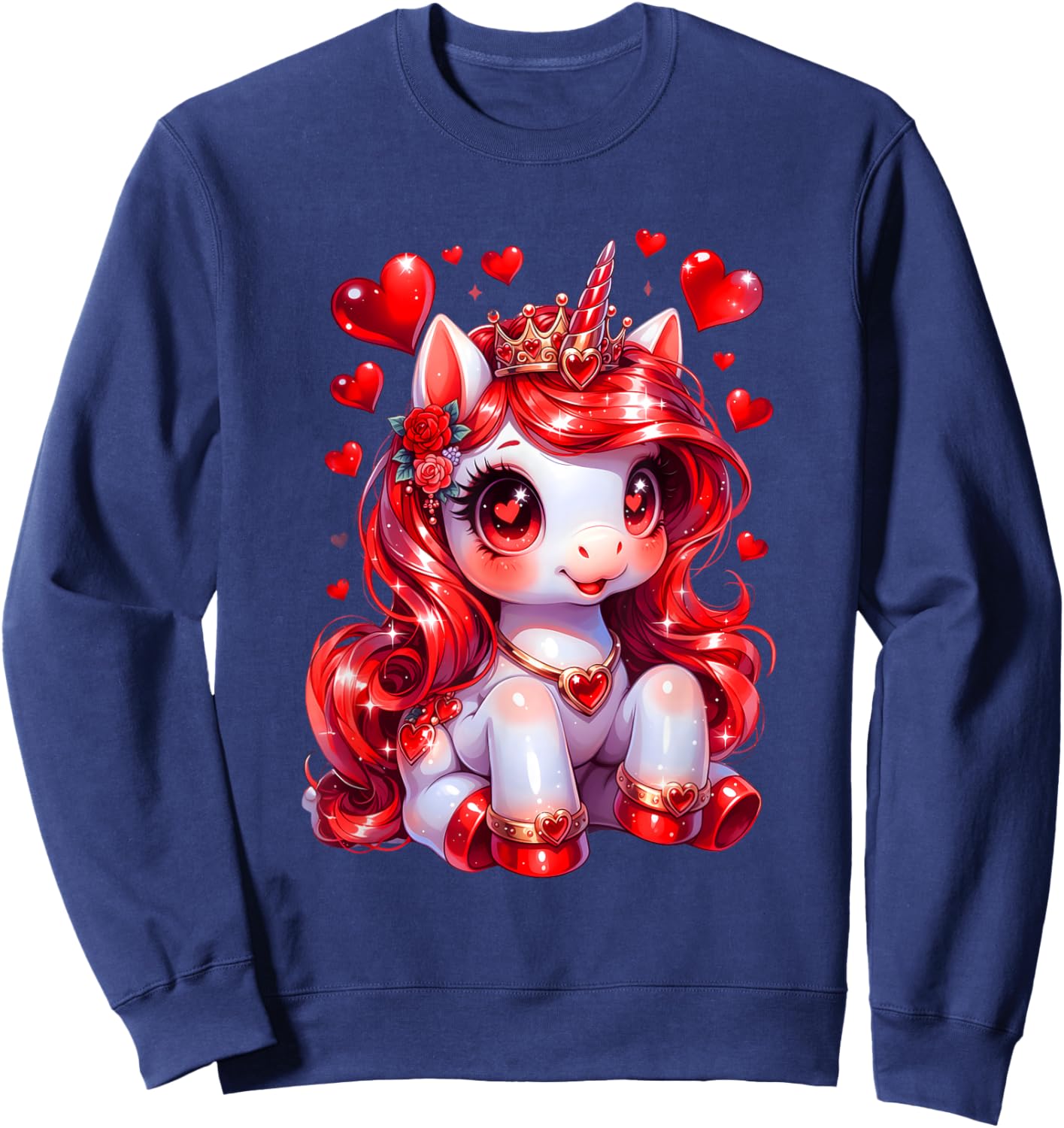 Cute Unicorn Heart Valentines Day Girls Kids Women Valentine Sweatshirt - Sweatshirt | Navy