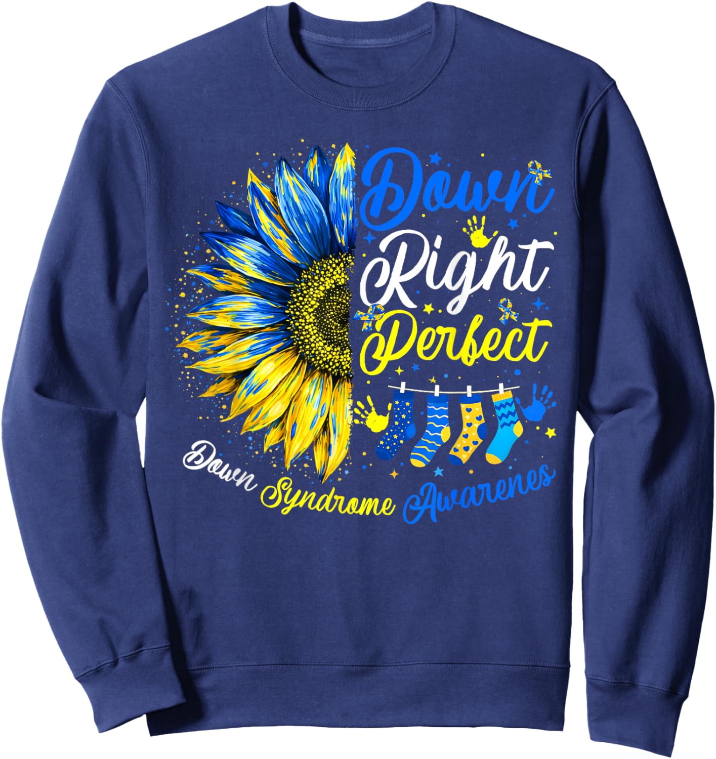 Down Right Perfect Sunflower Ribbon Down Syndrome Awareness Sweatshirt - Sweatshirt | Navy