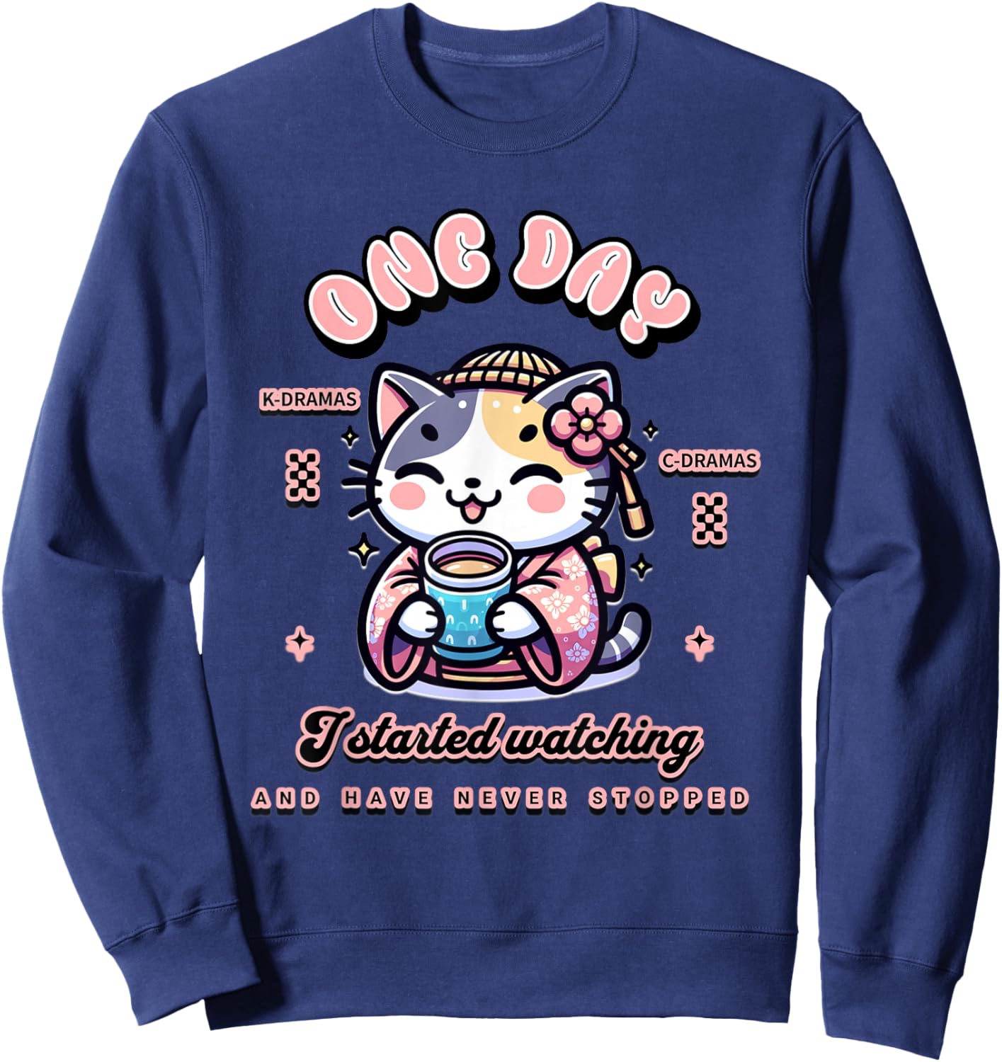 Cute Cat Watching K-Dramas and C-Dramas Sweatshirt - Sweatshirt | Navy