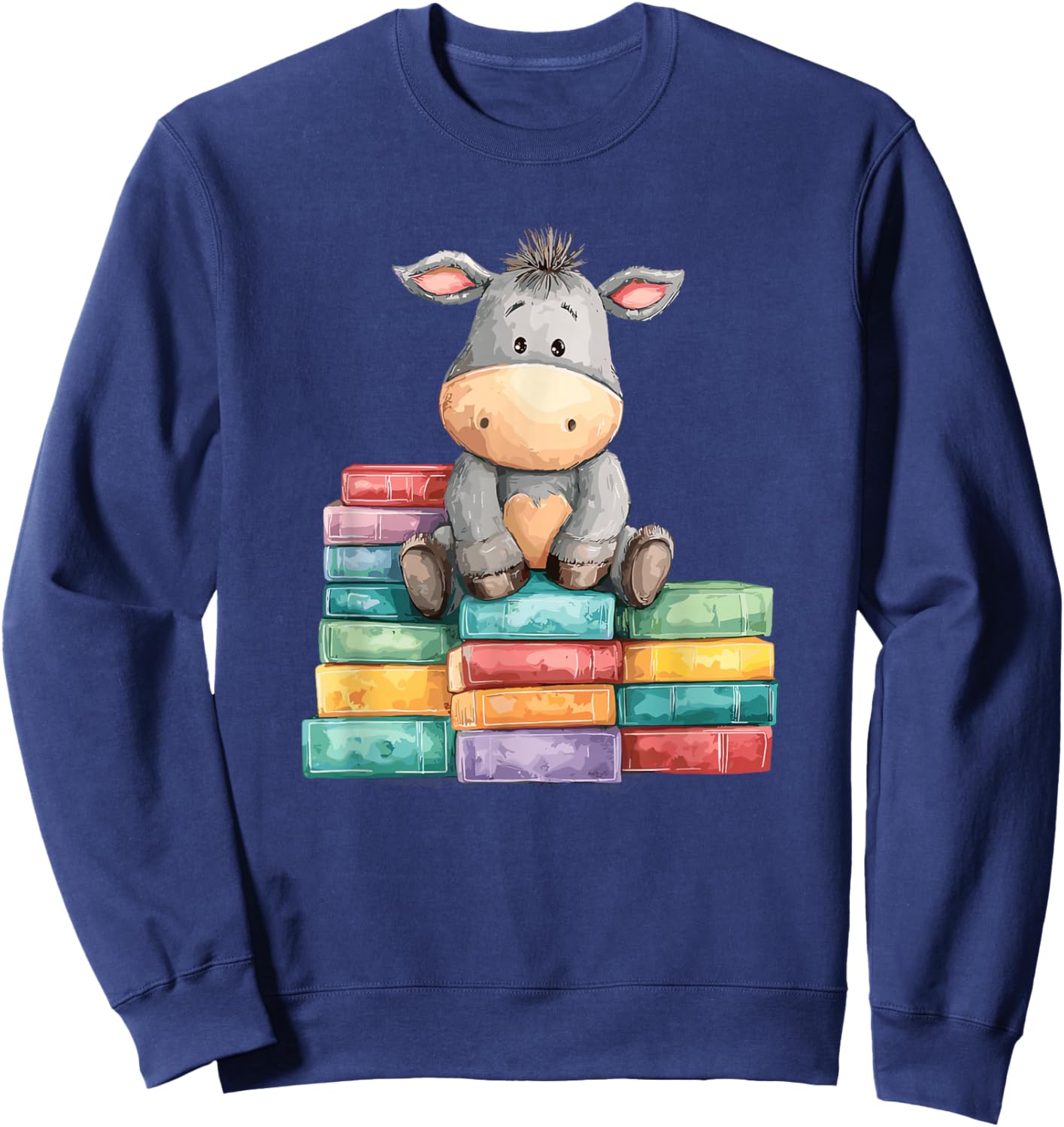 Adorable Donkey with Heart Sitting On Colorful Book Stack Sweatshirt - Sweatshirt | Navy