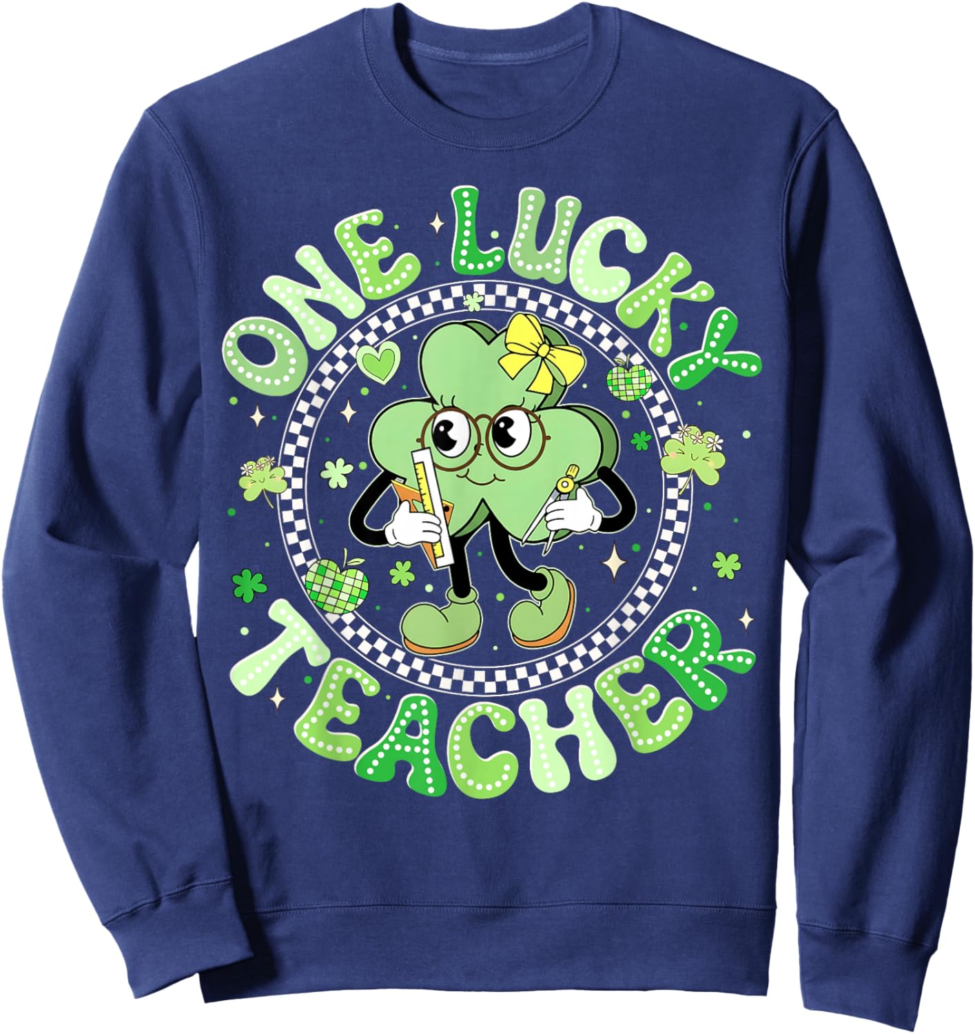 One Lucky Teacher St Patricks Day Shamrock Face Girl Teacher Sweatshirt - Sweatshirt | Navy
