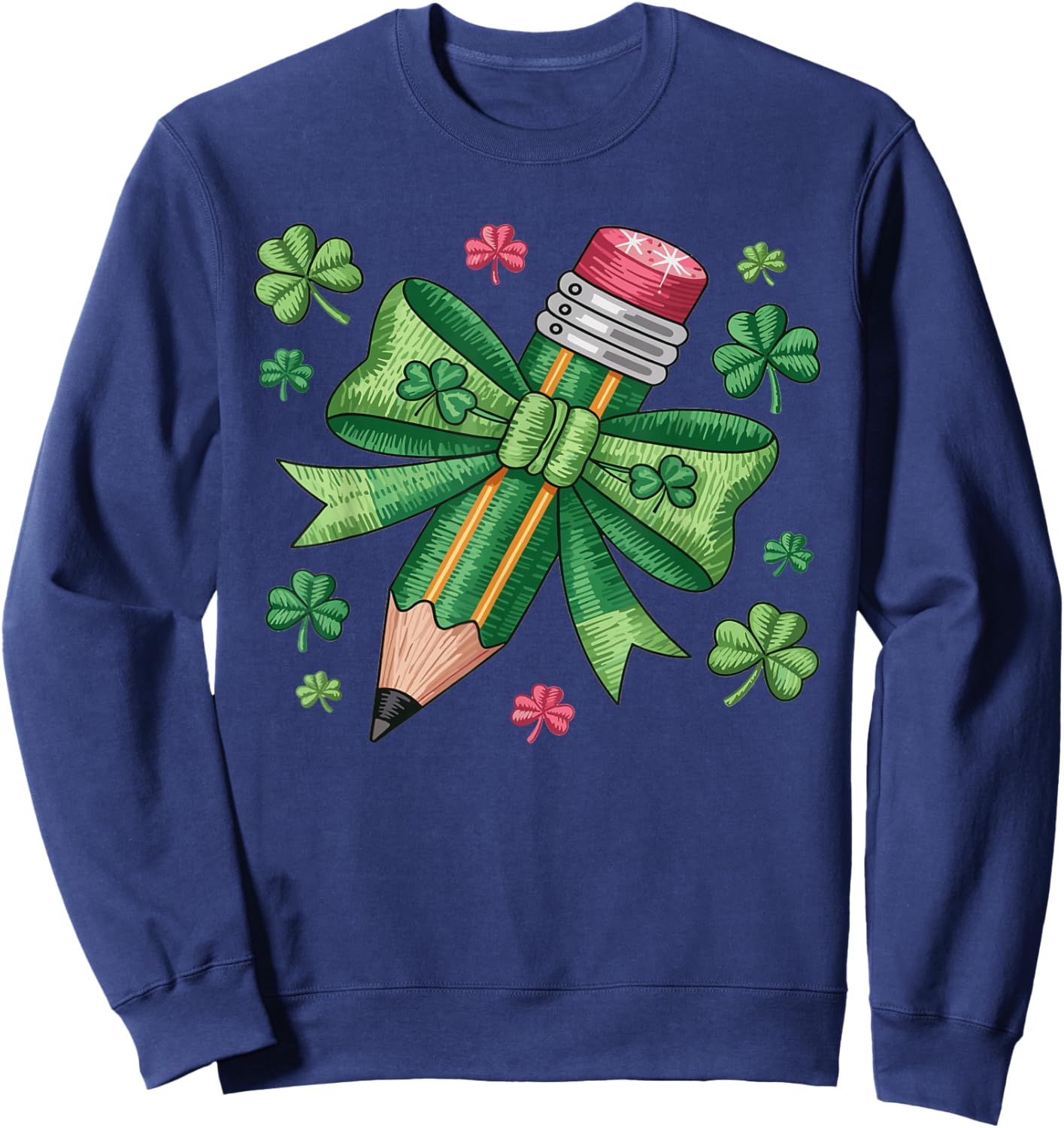 Teacher St. Patrick’s Day Pencil with Bow Shamrock Graphic Sweatshirt - Sweatshirt | Navy